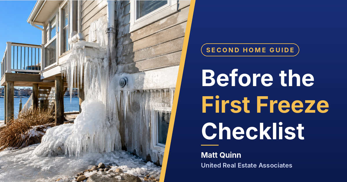 Ice built up along the side of a waterfront home after a hard freeze, with the headline Before the First Freeze Checklist