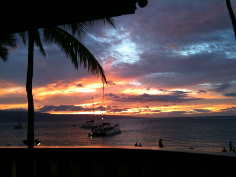 beach sunset with palm trees and boats | Maui luxury real estate