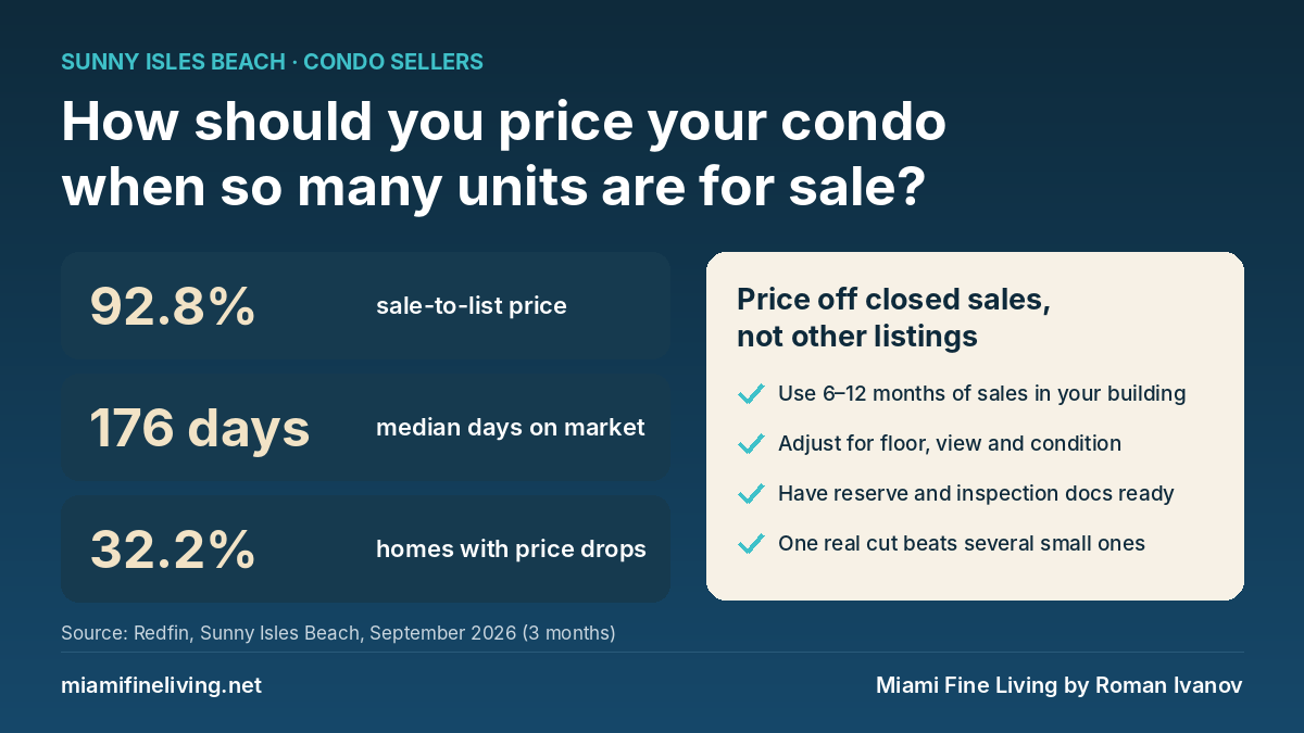 Sunny Isles Beach condo sellers: how to price a condo when many units are for sale. Homes sold for 92.8% of list, median 176 days on market, 32.2% had price drops (Redfin, September 2026).