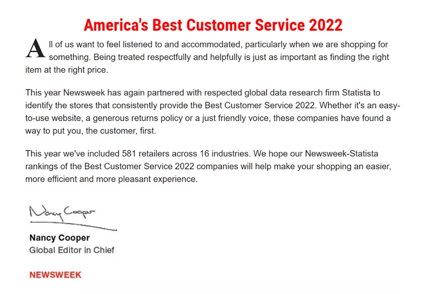 Newsweek 2022 Best Customer Service