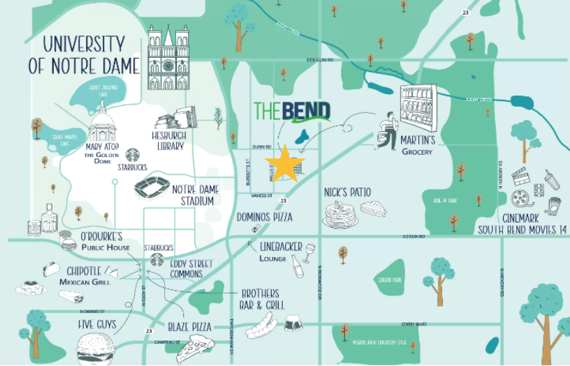 the bend map to notre dame campus