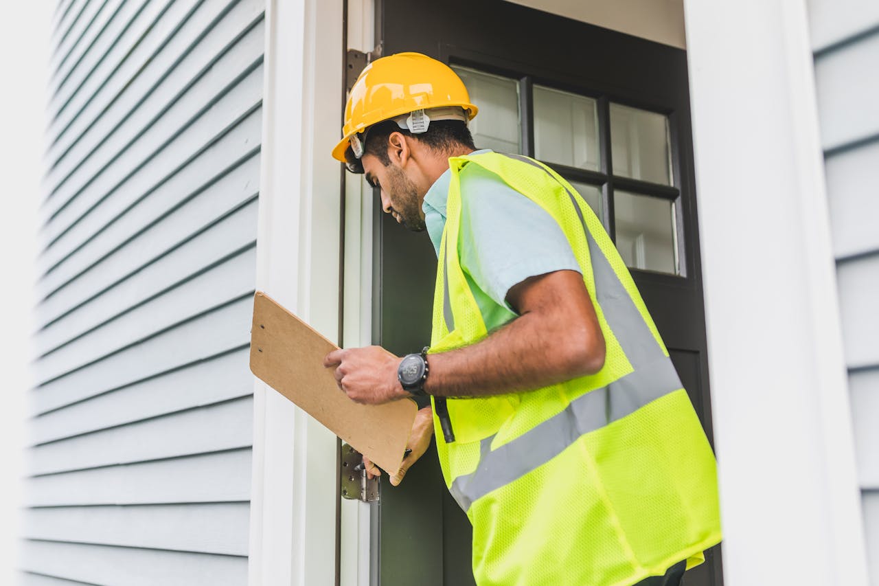 Alt. text: Man in a yellow safety reflective vest with a hard hat doing a home inspection