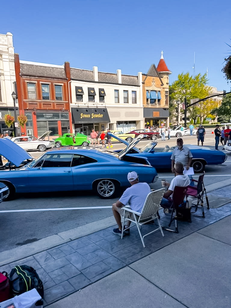 Classic cars displayed along a street in downtown Celina Ohio