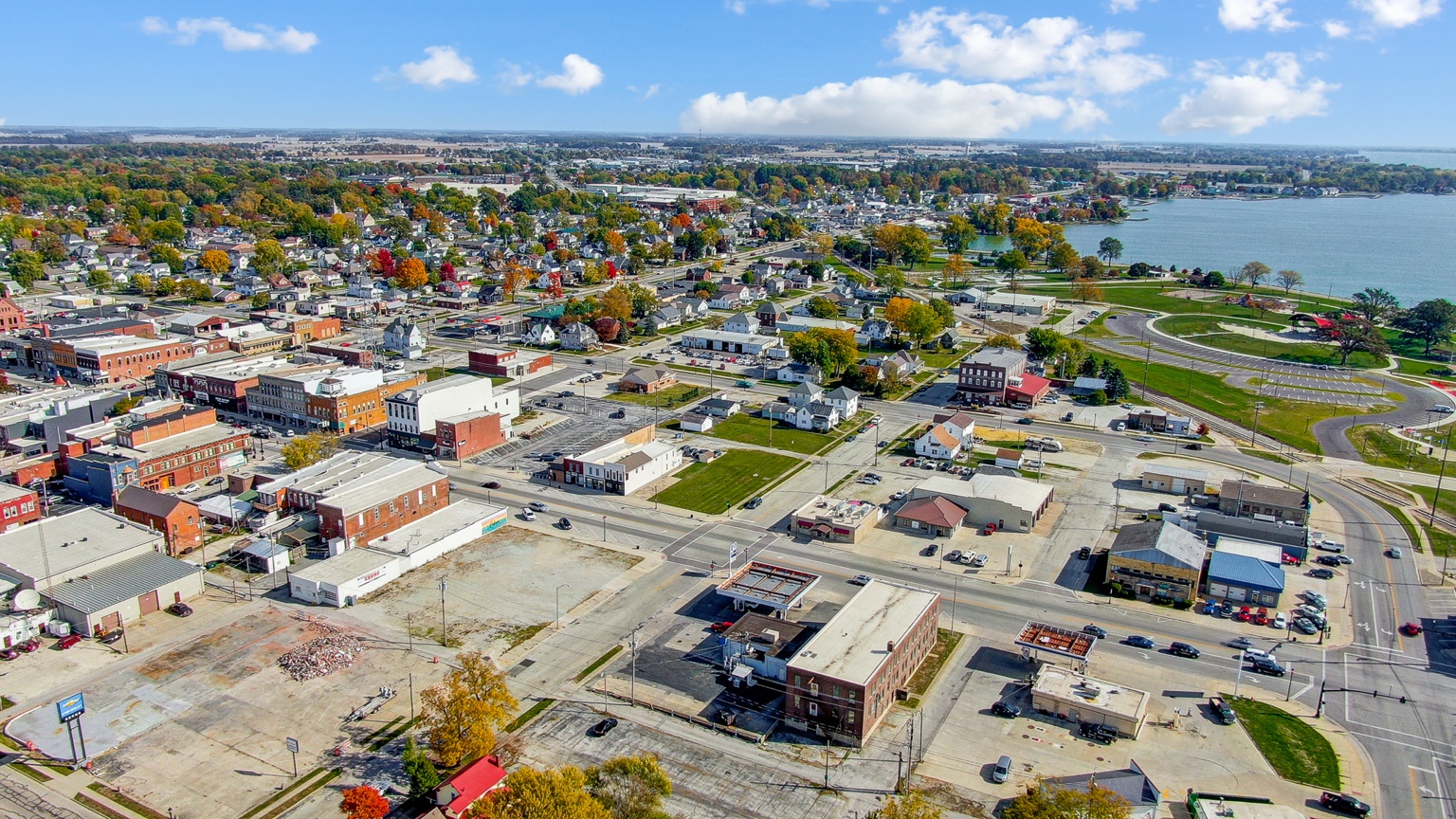Aerial view of Celina and Grand Lake St. Marys in Ohio