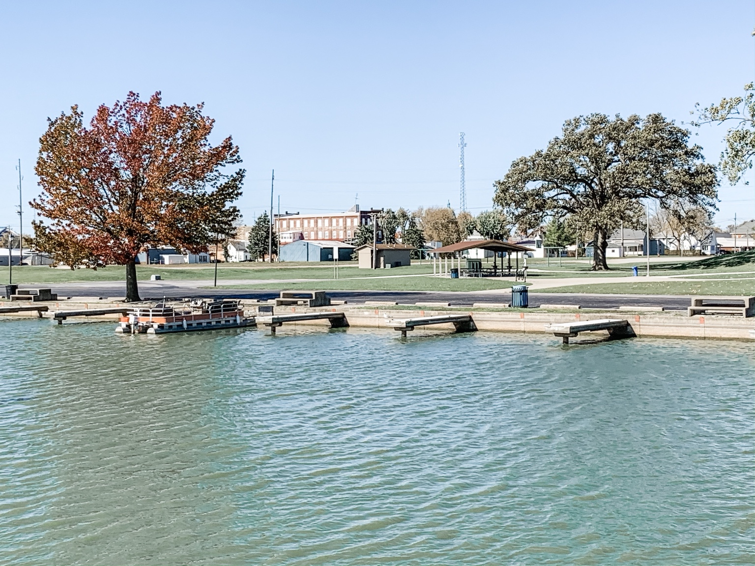 Waterfront park and boat docks along Grand Lake in Celina, Ohio
