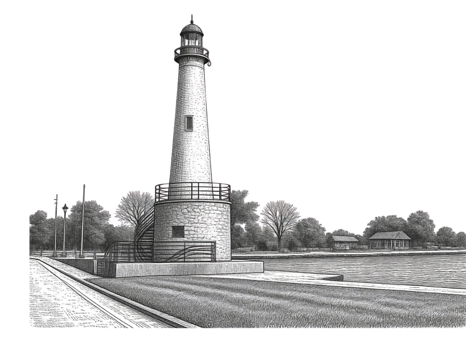Black-and-white sketch of the Celina lighthouse at Grand Lake St. Marys