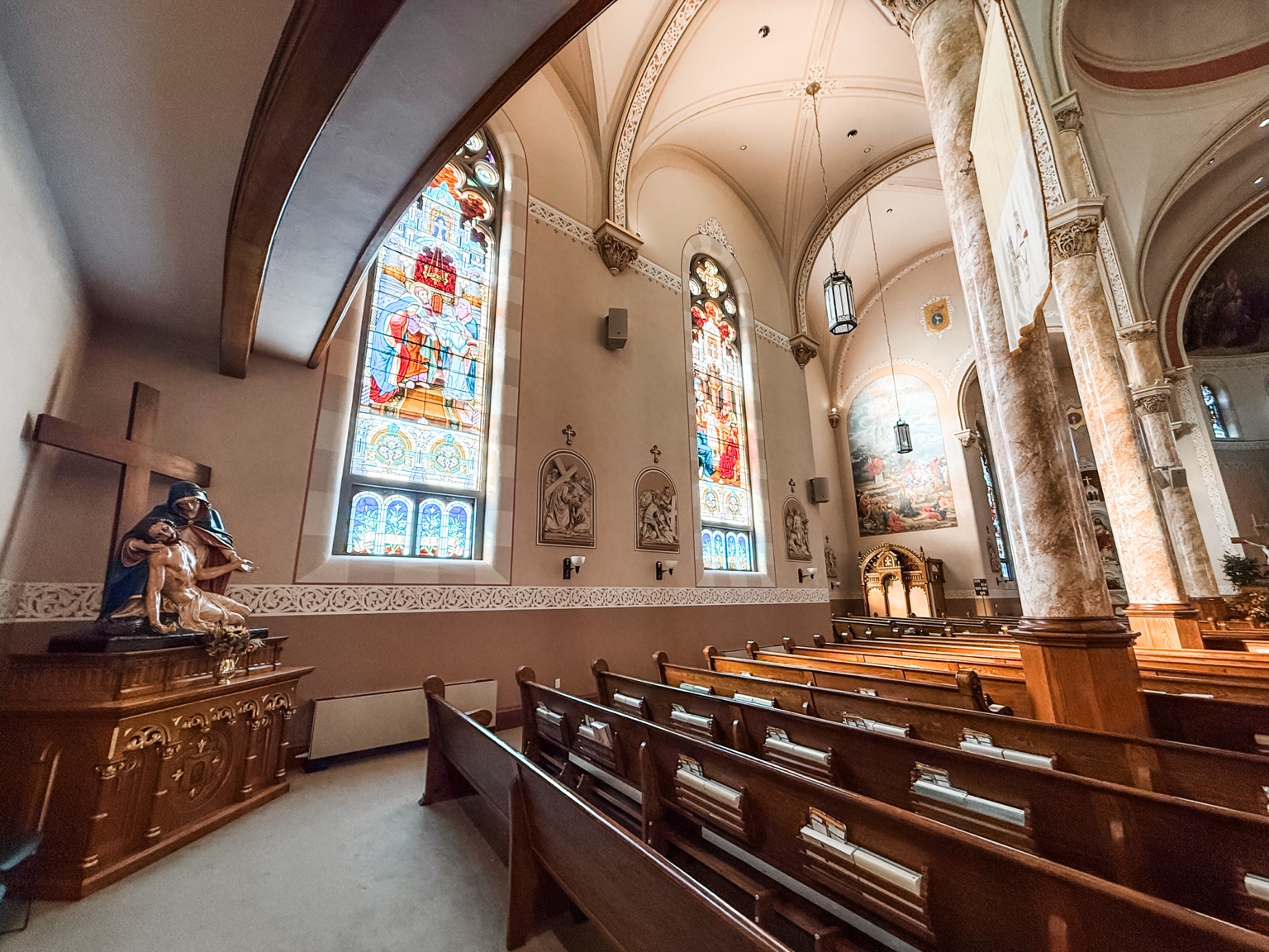 Stained glass and side aisle
