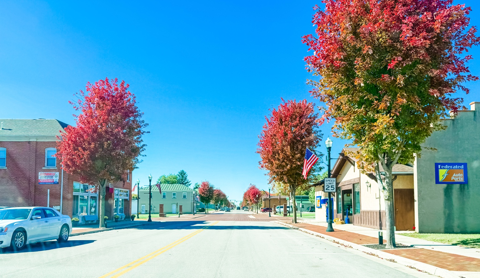 Fall colors and historic streetscape in downtown Minster Ohio