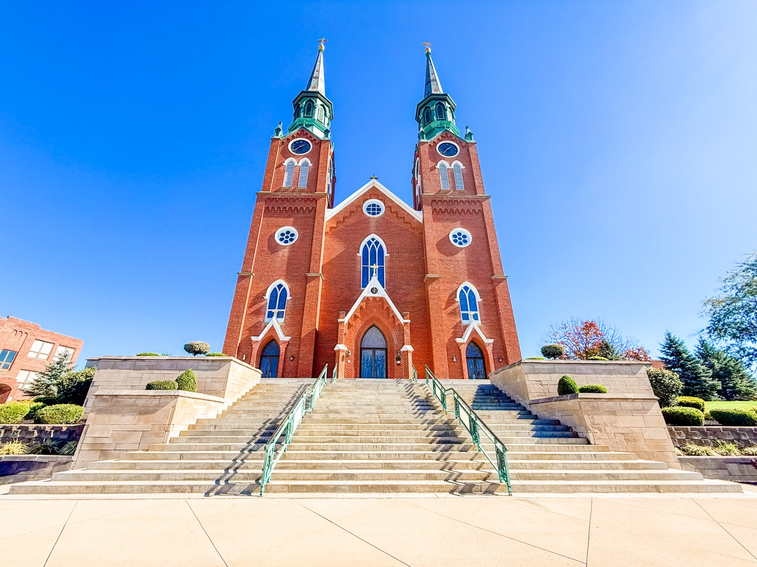 Twin spires and stone steps at St Augustine Catholic Church Minster Ohio