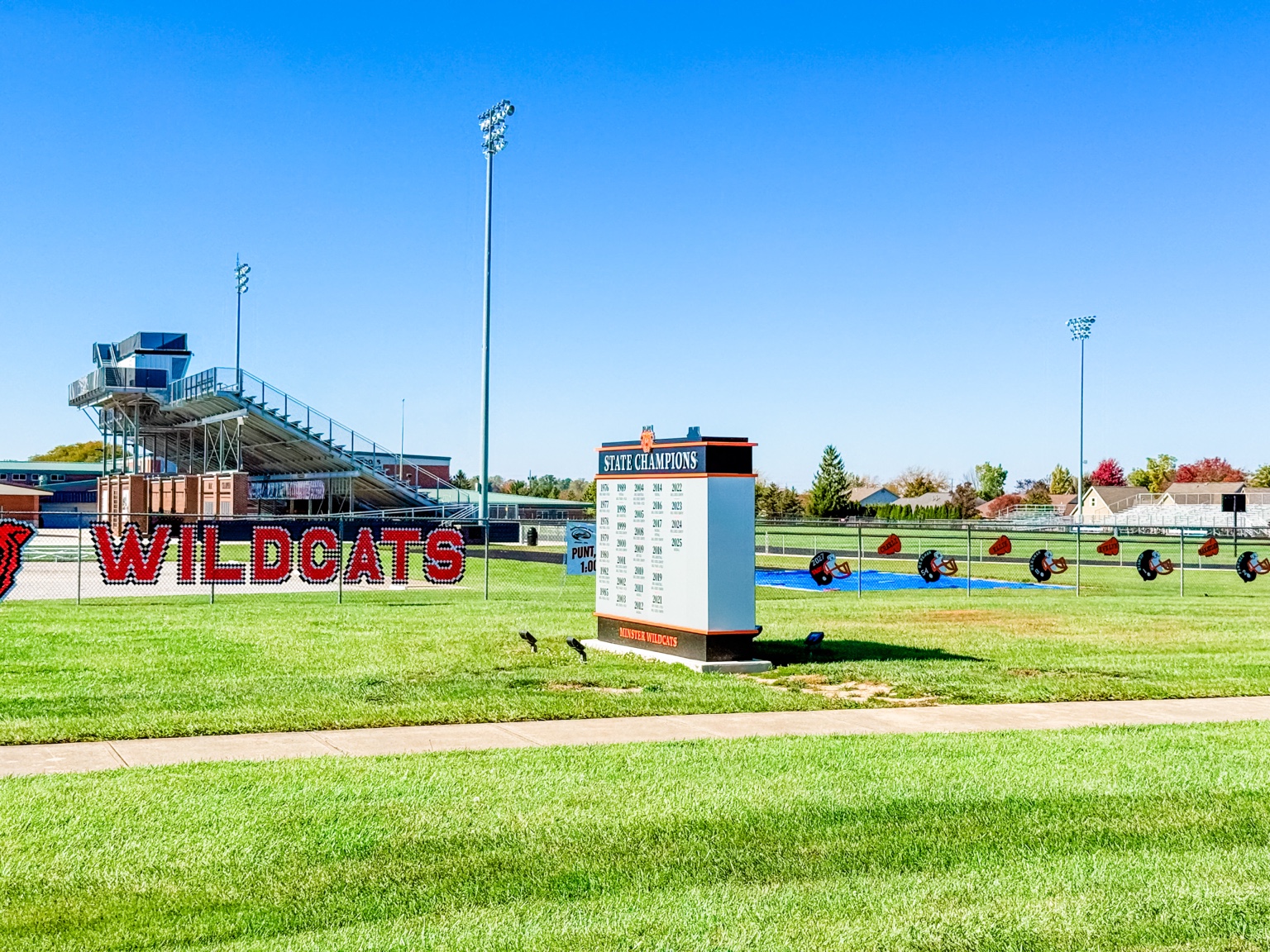 Minster Wildcats football and track stadium with state champions monument
