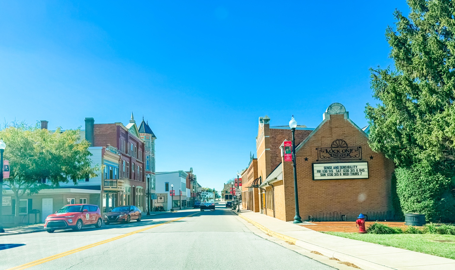Historic downtown New Bremen Ohio streetscape with Lock One Theater