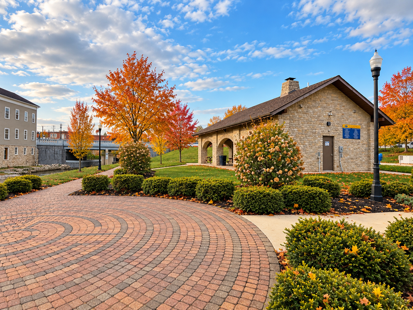 Autumn view of the riverside plaza and stone pavilion in St. Marys Ohio
