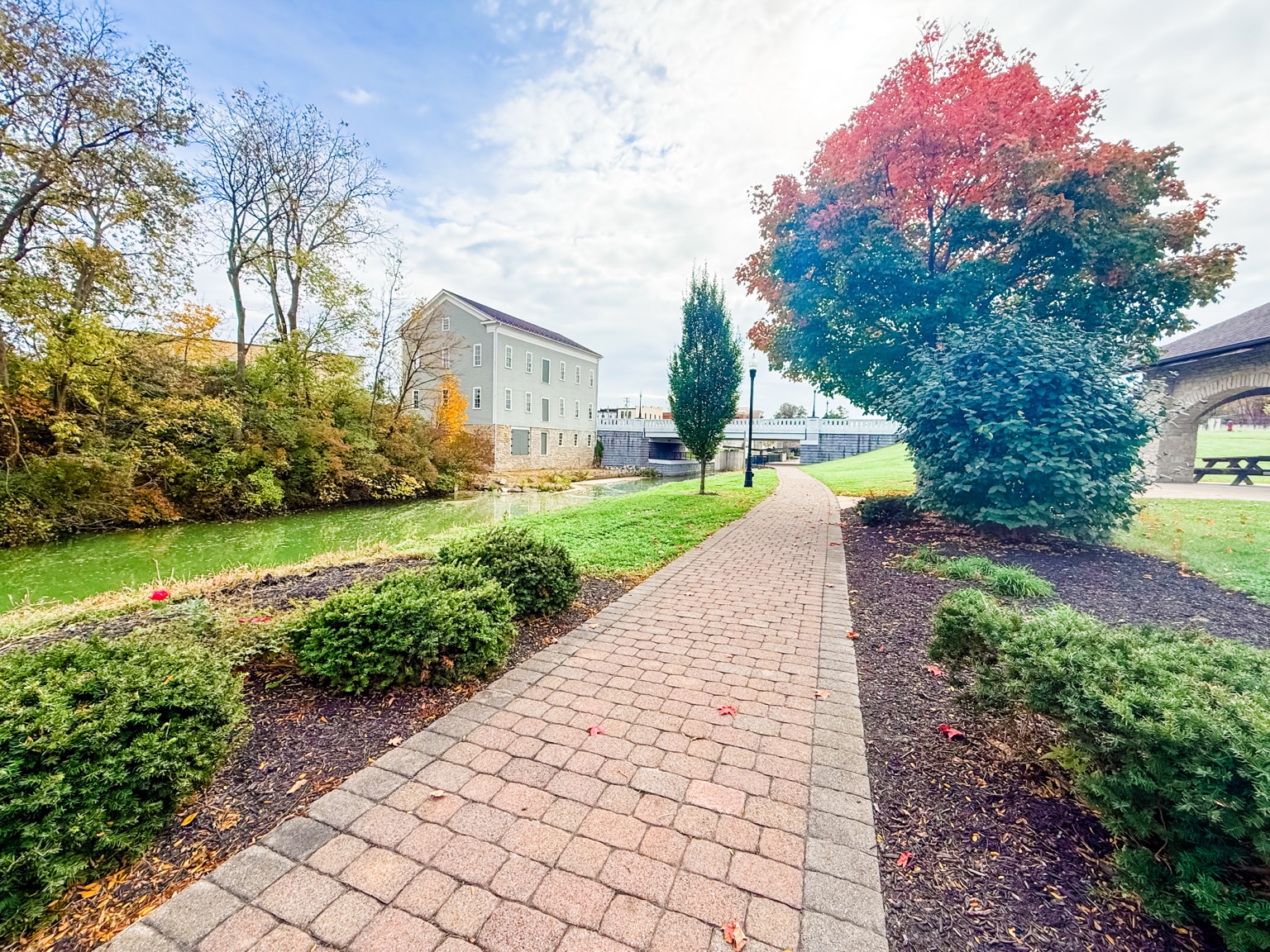 Brick walking path beside the Miami and Erie Canal in St. Marys Ohio
