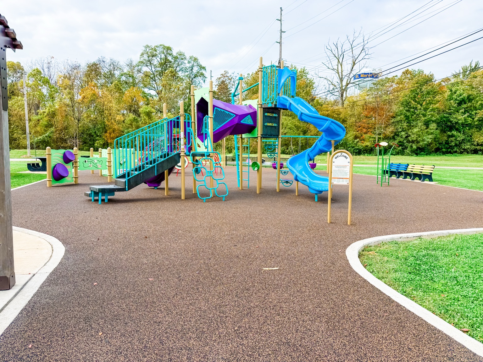 Colorful blue and purple playground with slides in St. Marys Ohio