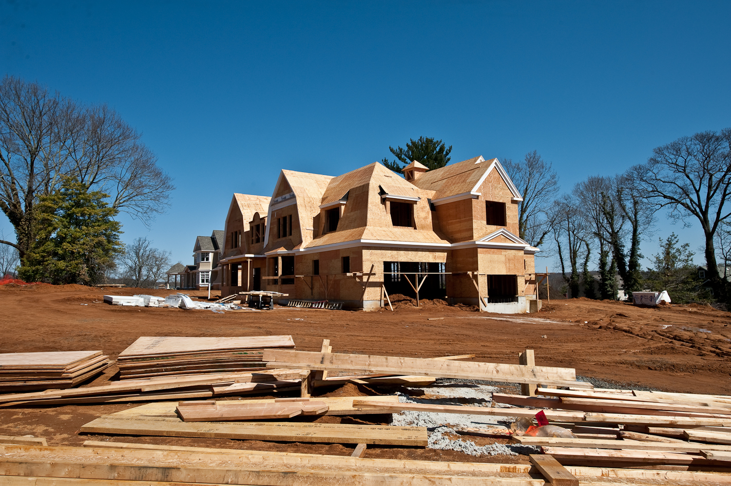 Example of a newly constructed house exterior during homebuilding, photographed in New Jersey