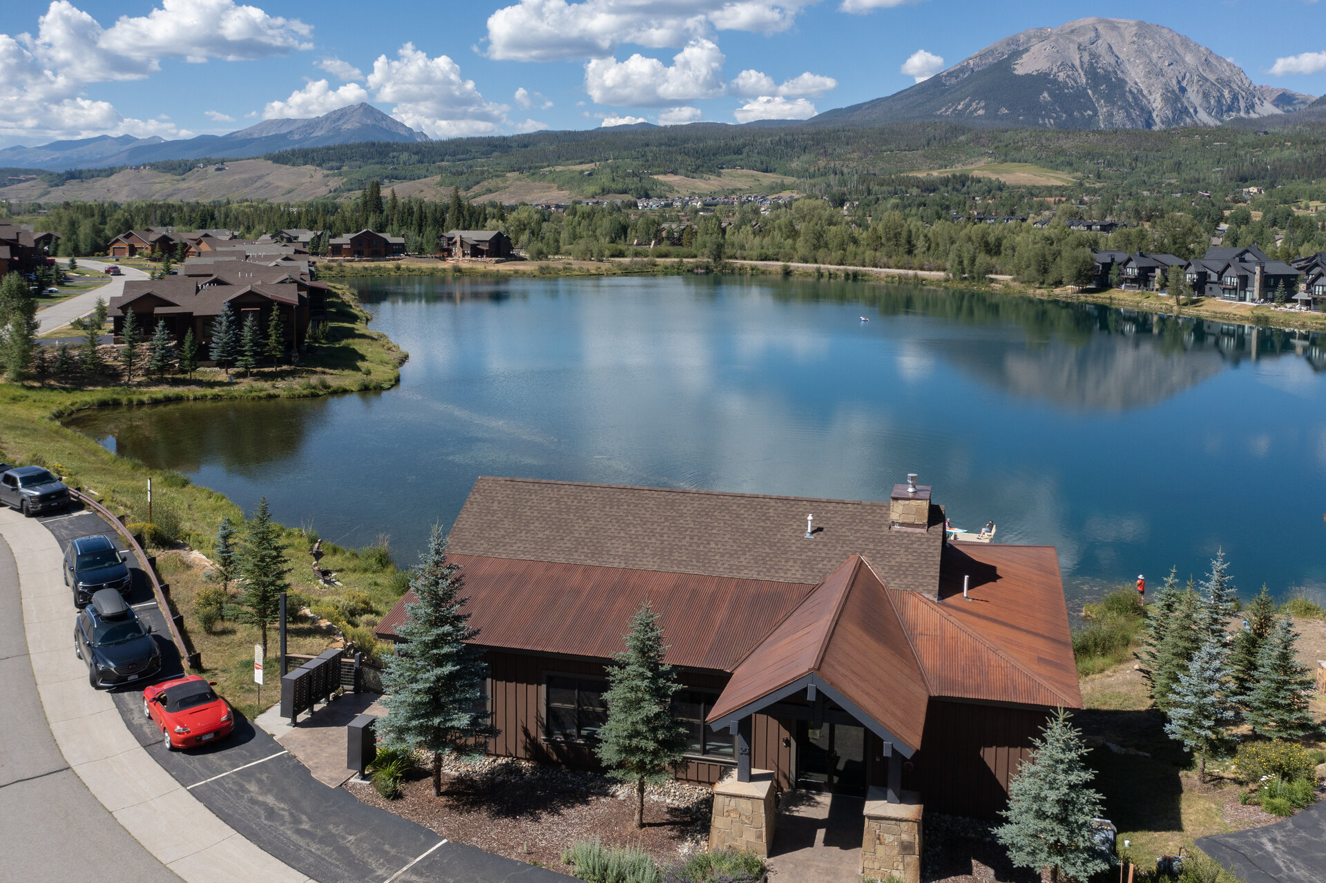 Aerial of the home above the Angler Mountain Ranch lake