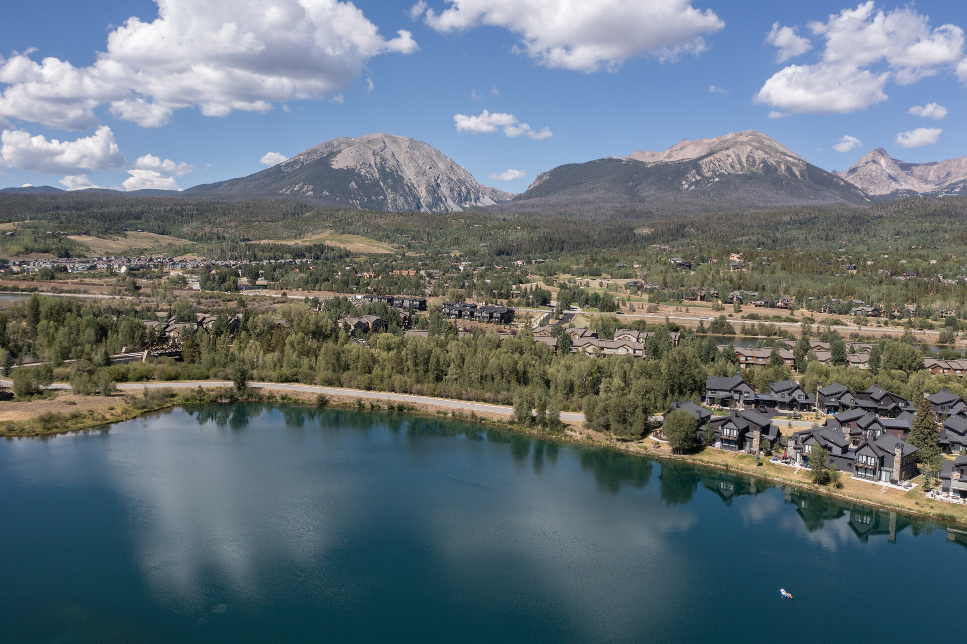 Aerial of the lake with the Gore Range on the horizon