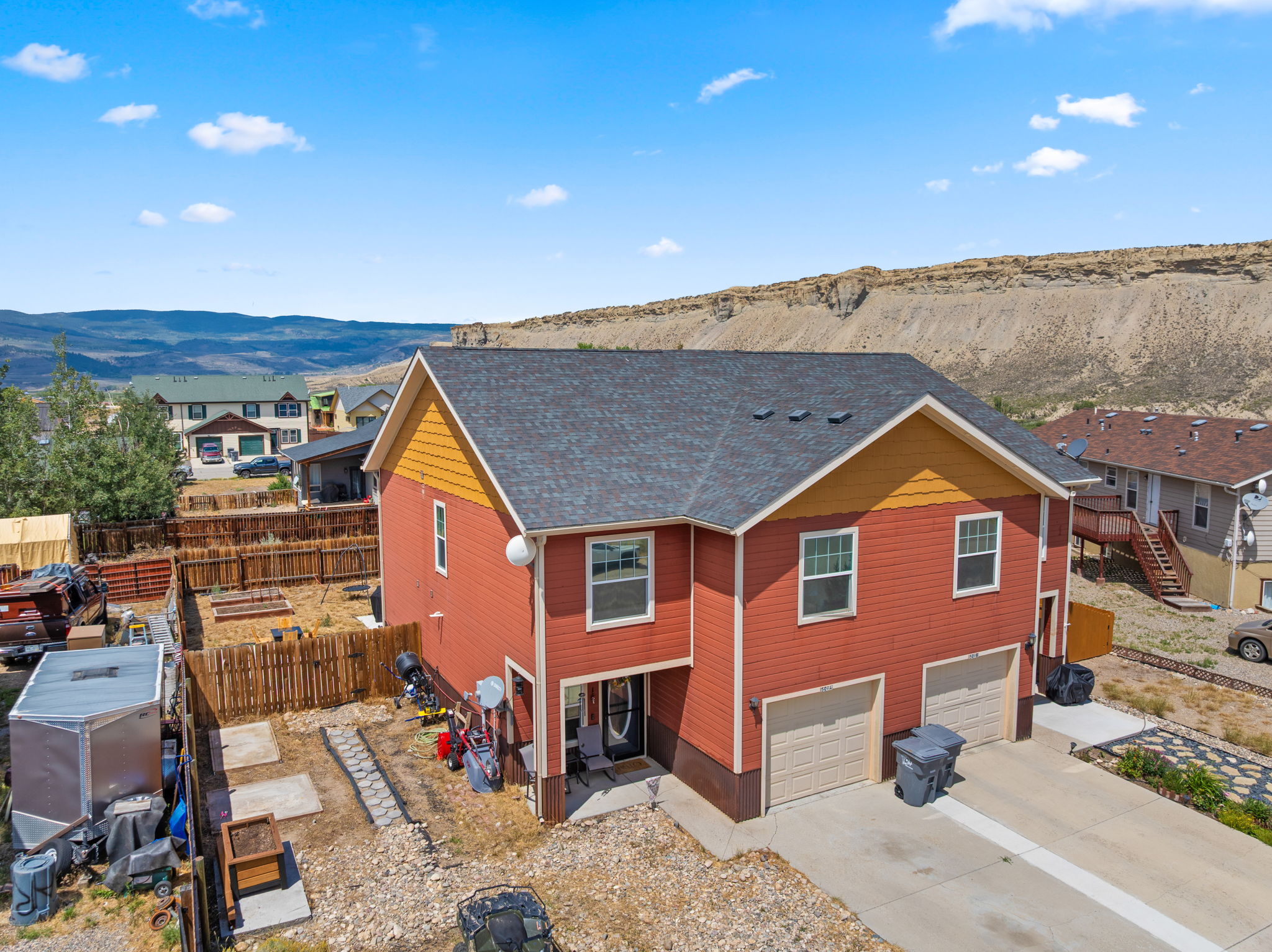 Aerial side view of the Kremmling duplex home