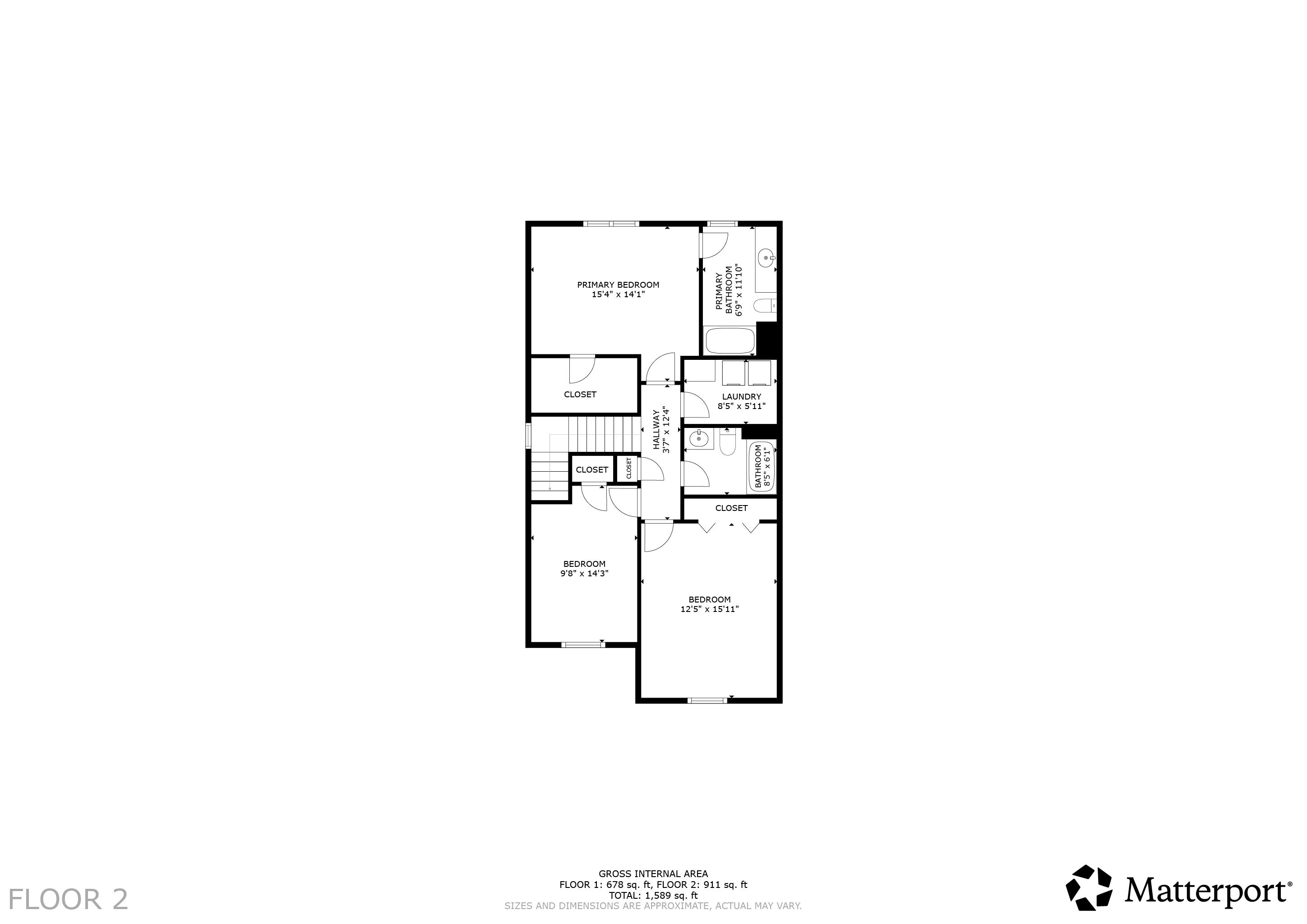 Upper level floor plan of 509 N 12th Street Unit A, Kremmling, showing primary suite, two bedrooms, laundry, and hall bath