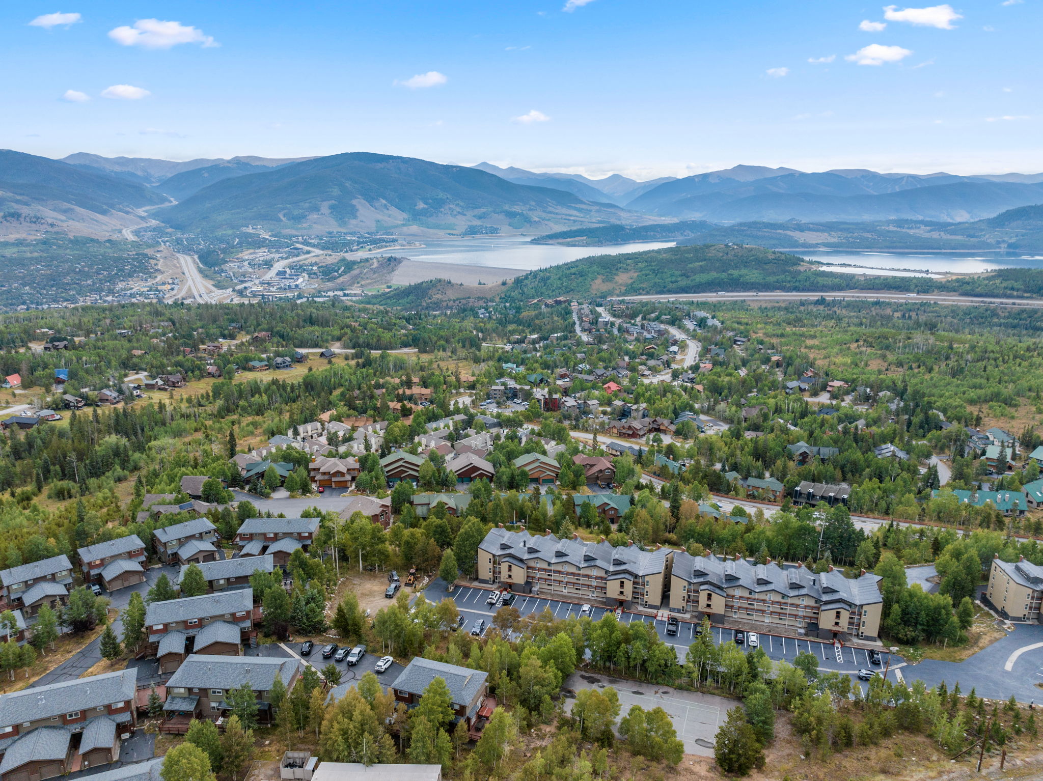 Wildernest neighborhood view above Silverthorne, Lake Dillon and mountains