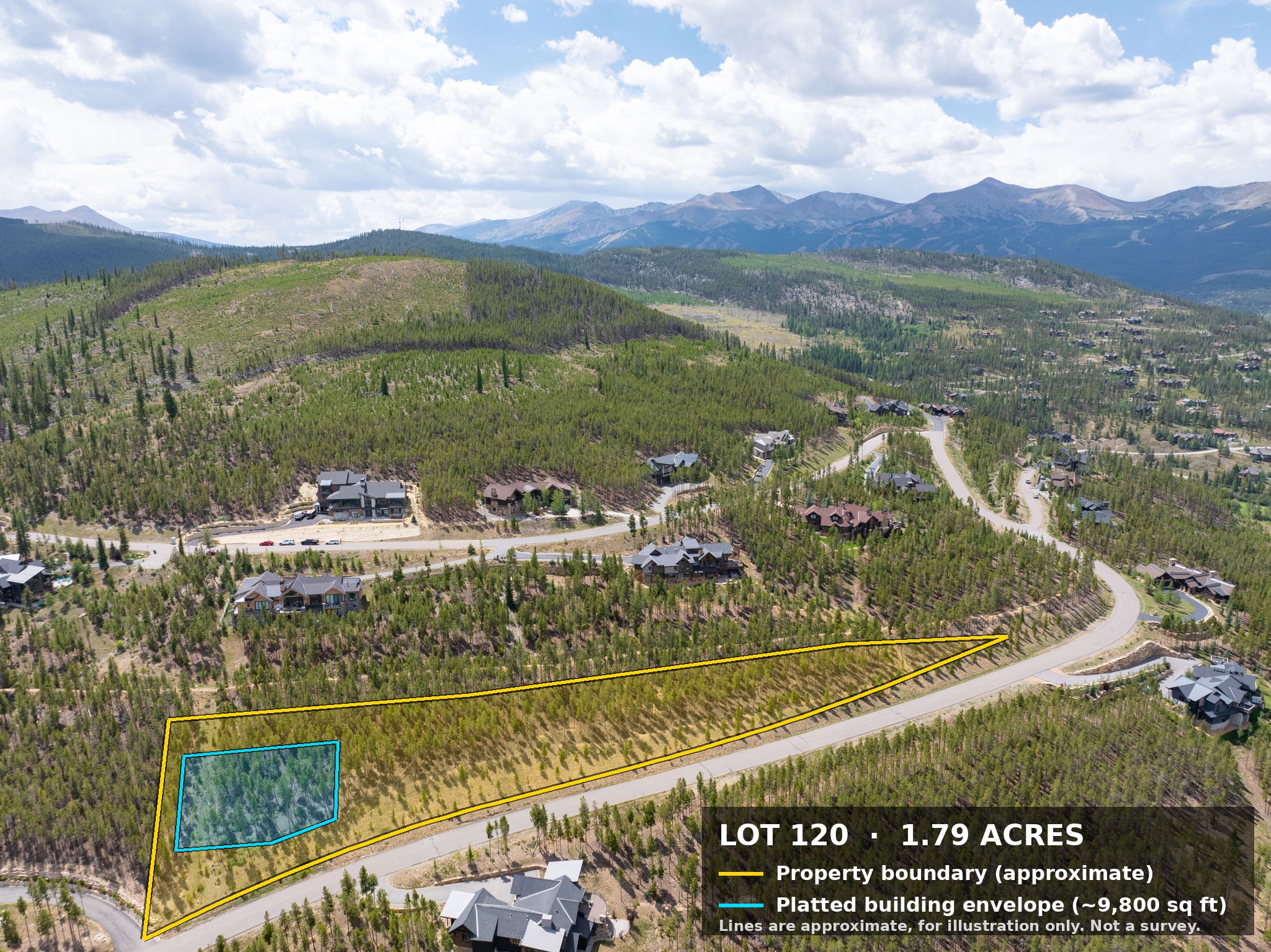 Lot 120 seen from above with the approximate property boundary and platted building envelope drawn on
