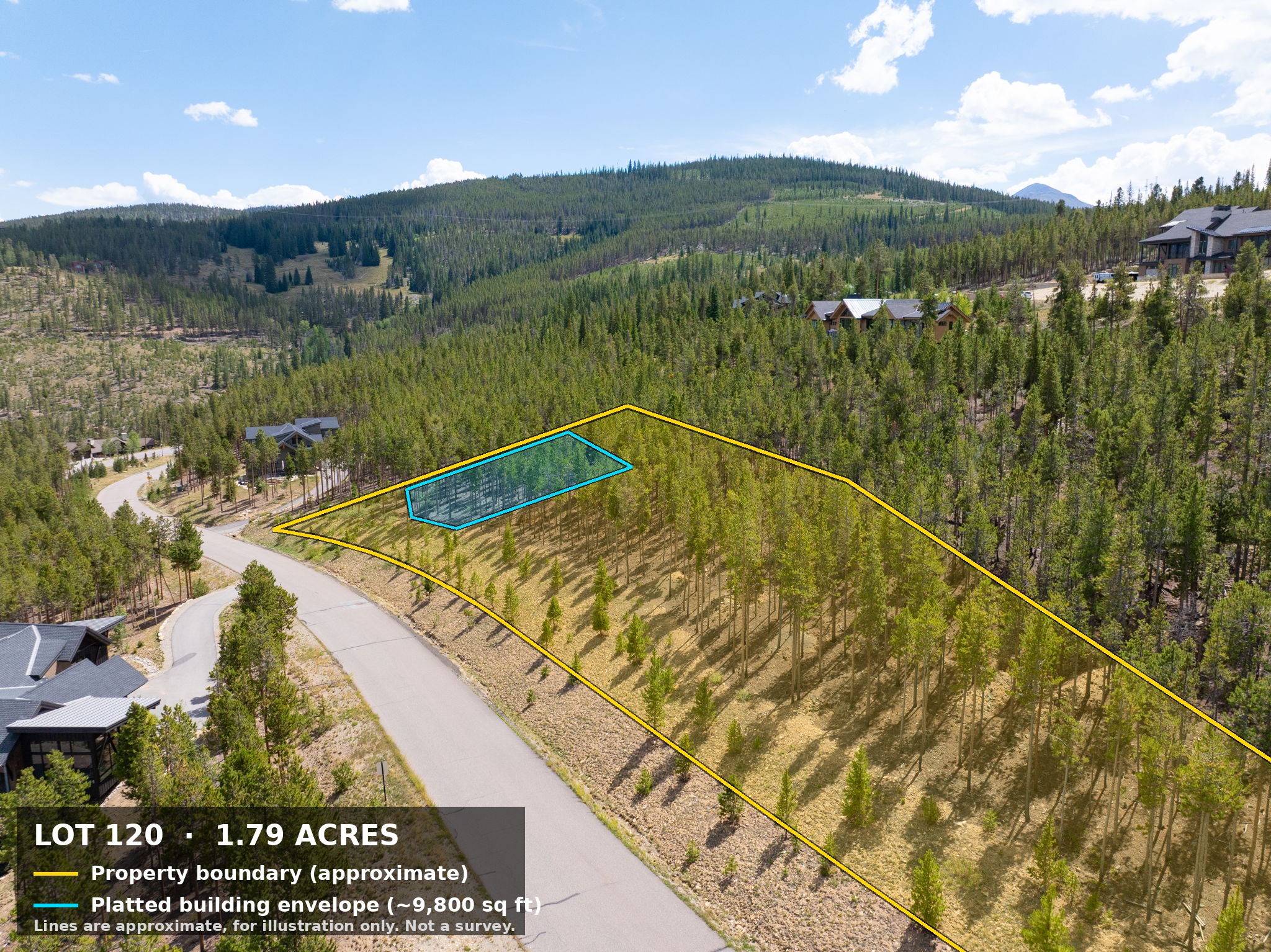 Closer aerial of Lot 120 showing the approximate boundary and the platted building envelope near the street