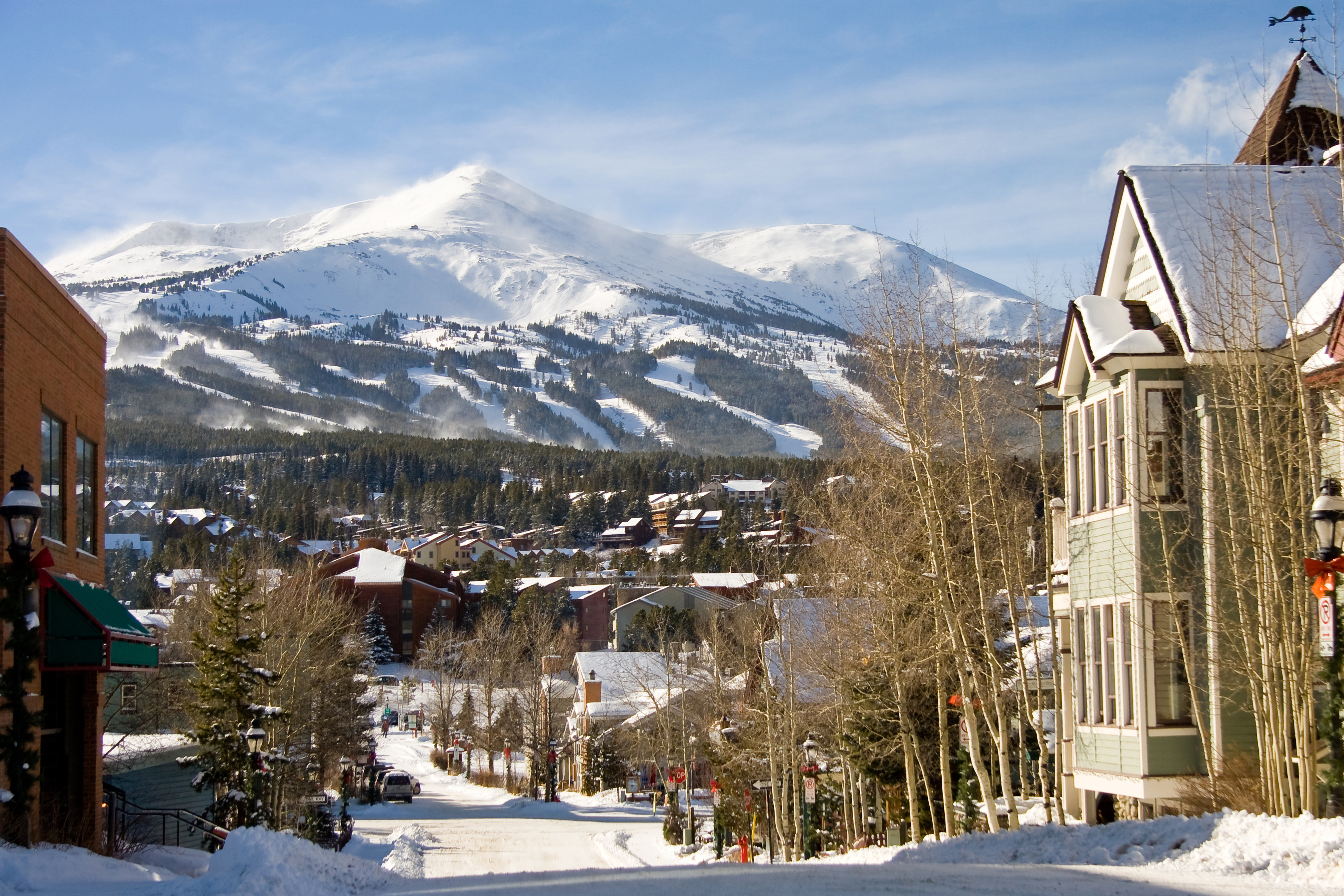 Historic Breckenridge, Colorado with the ski runs on Peak 8 rising behind the town in winter