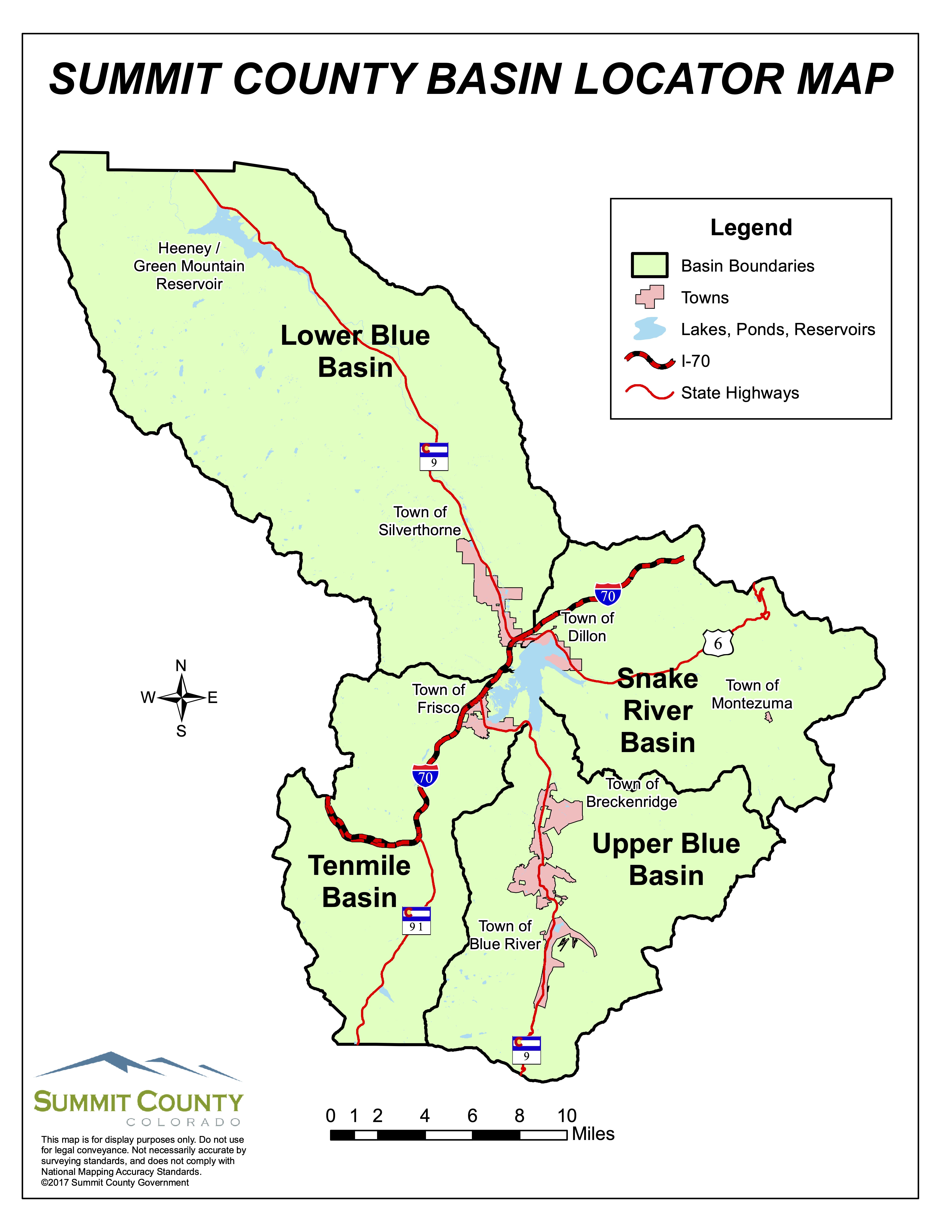 Summit County STR Basin Locator Map showing Lower Blue, Upper Blue, Snake River, and Ten Mile basins in unincorporated Summit County Colorado
