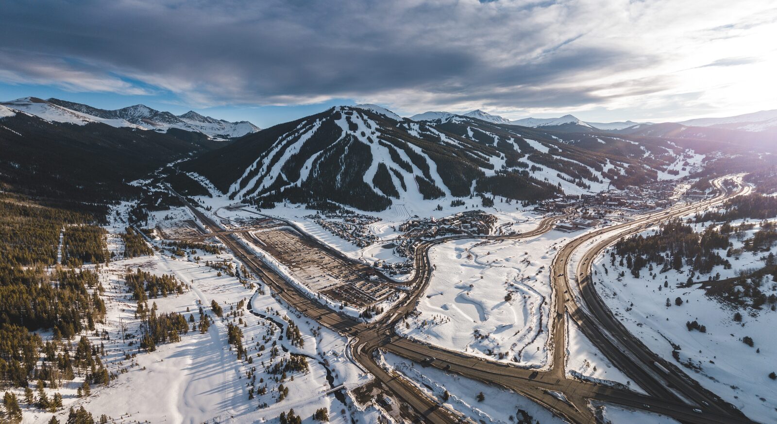 Aerial view of Copper Mountain ski resort in winter, Summit County Colorado