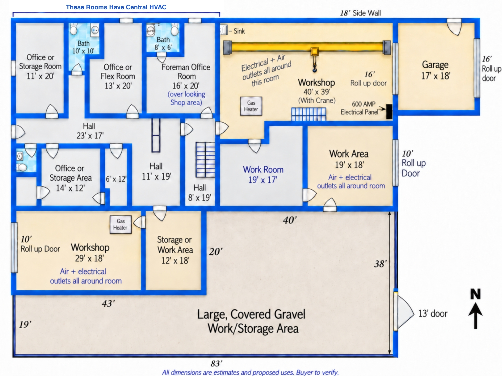 1791 Arvel Cir commercial floor plan showing workshops, overhead crane area, offices, garages and covered storage