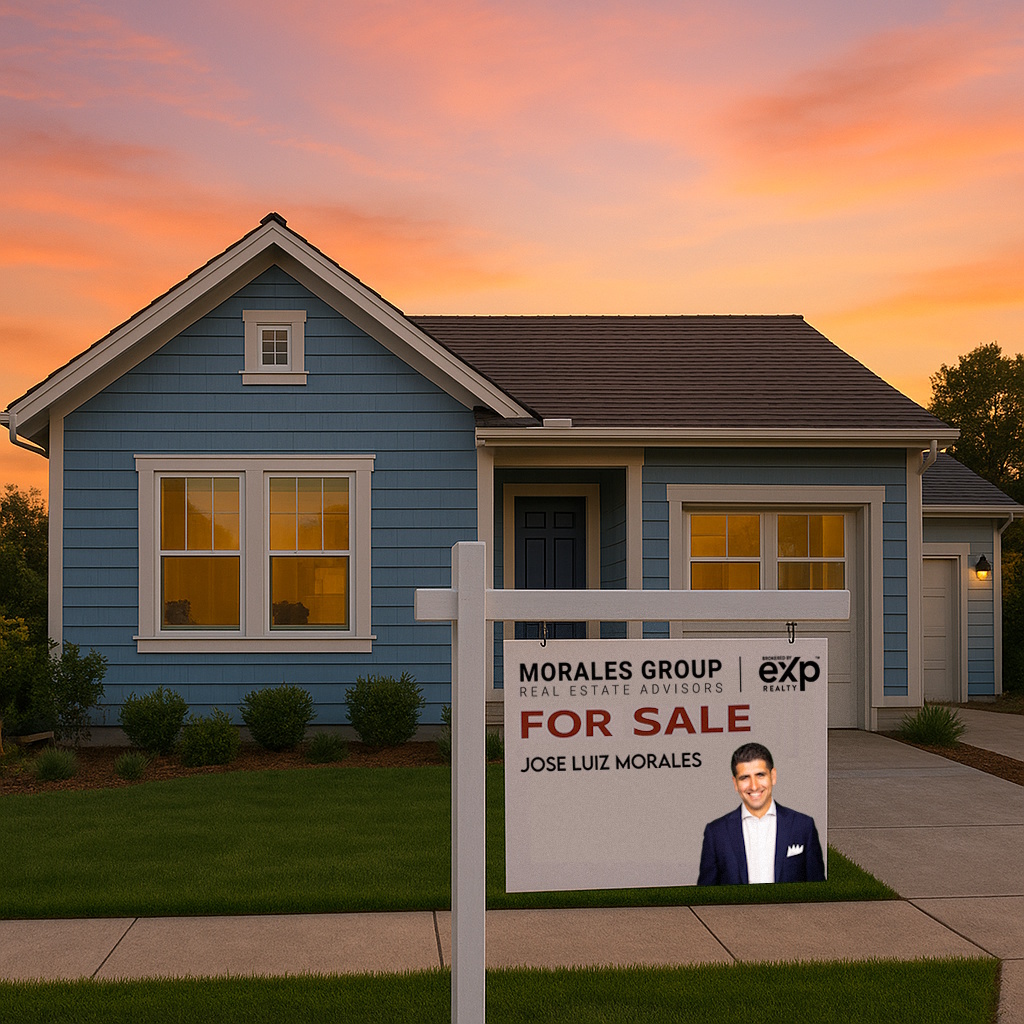 people looking at a house with a For Sale sign