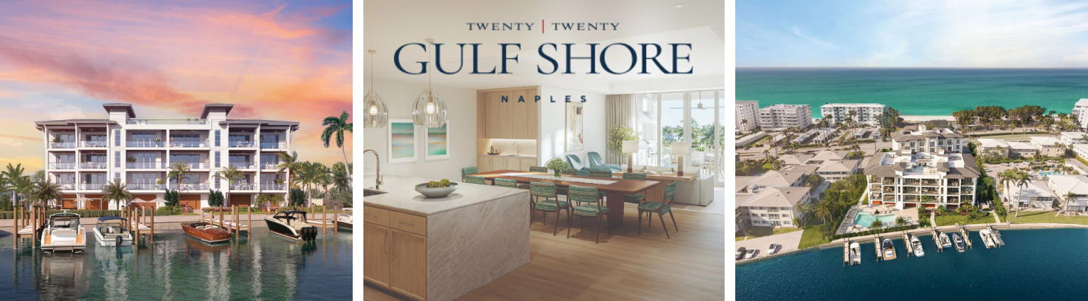 Renderings of 2020 Gulf Shore in Naples: the bayfront building with boat slips at sunset, an open kitchen and dining interior, and an aerial view of the site on the bay with the Gulf beyond
