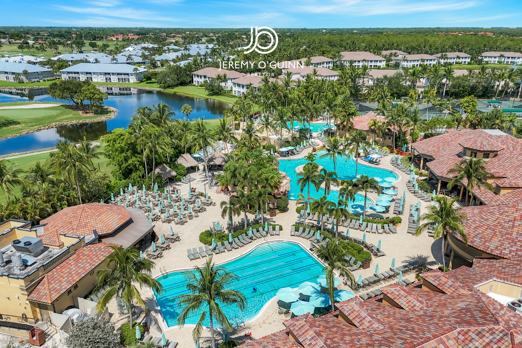 Aerial view of a Naples Florida bundled golf community resort pool, golf course, and residential estates