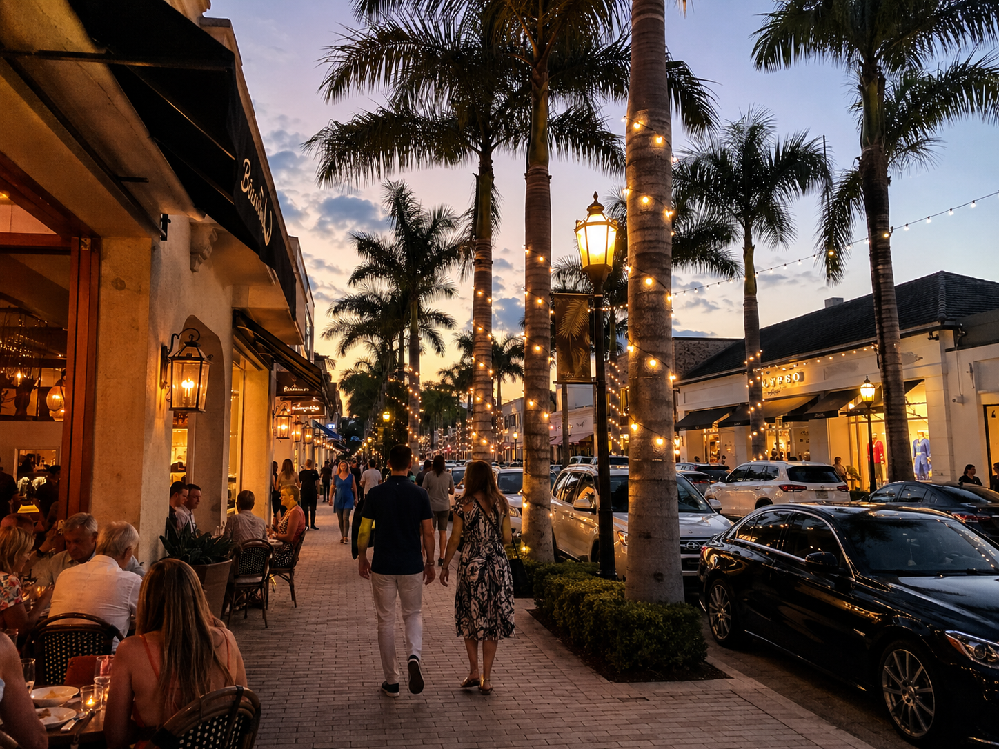 Fifth Avenue South in Old Naples Florida at dusk showing walkable dining, boutiques, and coastal atmosphere