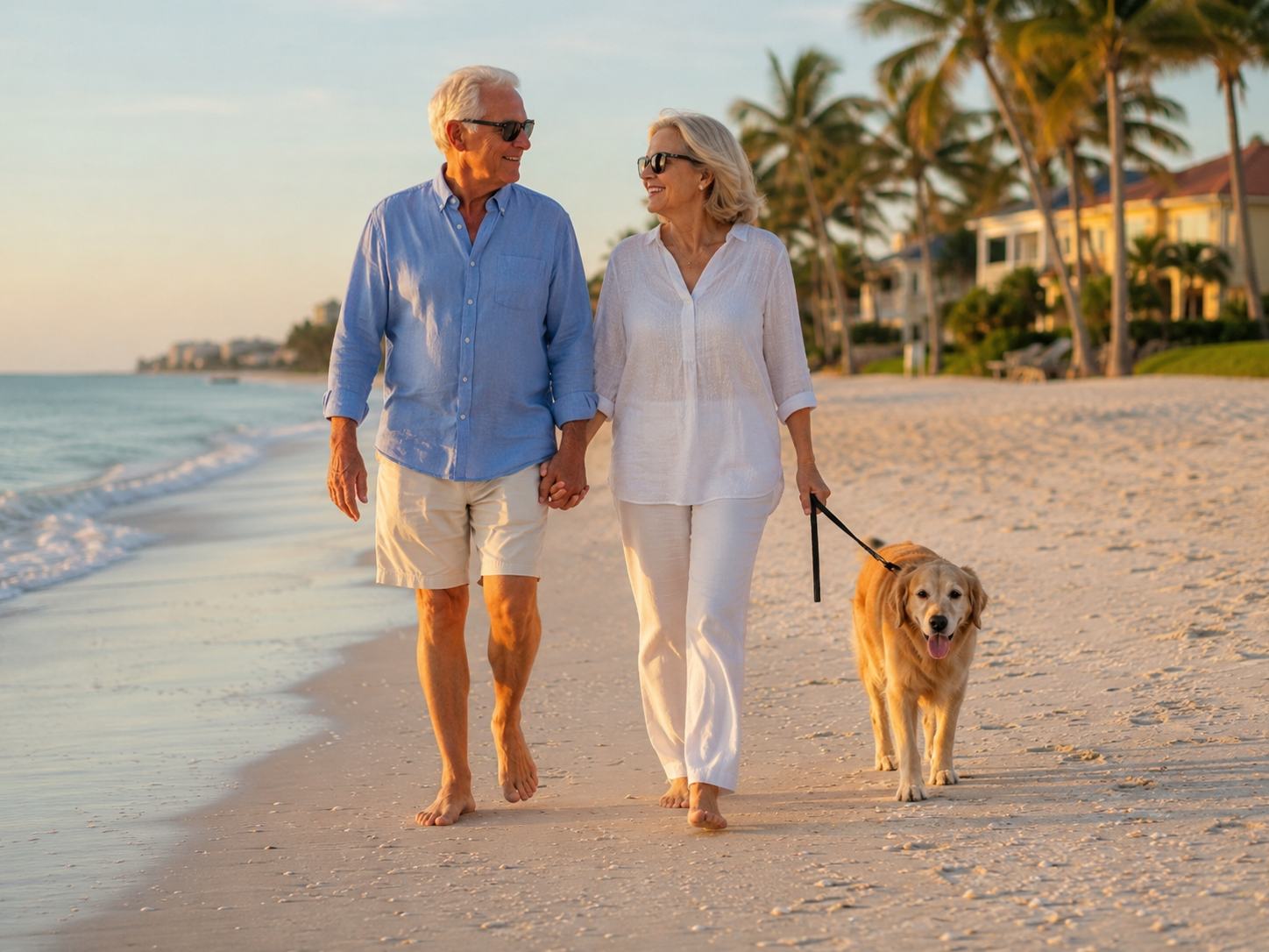 Couple enjoying the Naples Florida beachfront lifestyle with their dog on the Gulf of Mexico beach