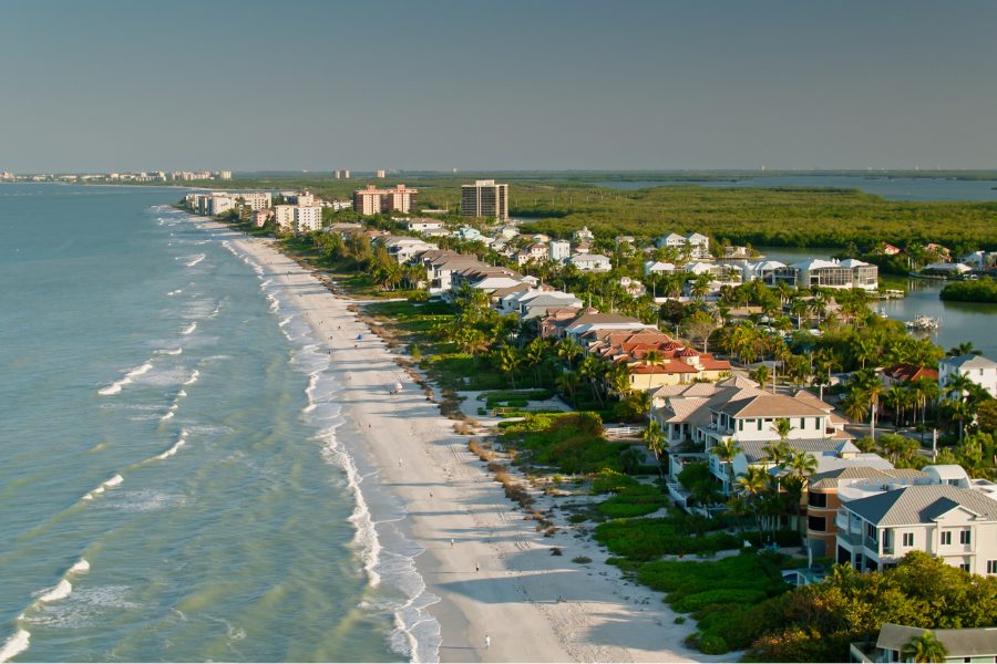 Aerial view of Bonita Beach homes along the Gulf of Mexico in Bonita Springs, Florida