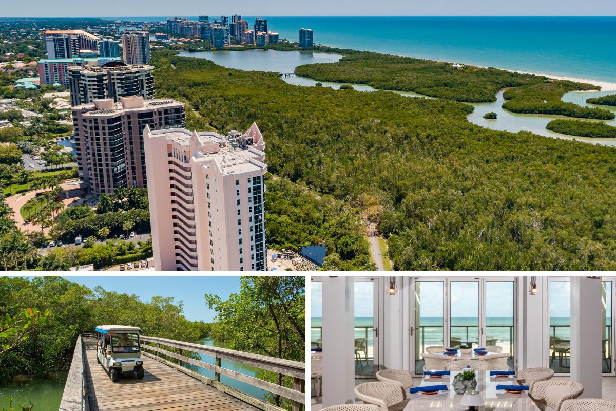 Pelican Bay high-rise condominiums above the Clam Bay mangroves, with the beach tram on a boardwalk and a Gulf-front dining room