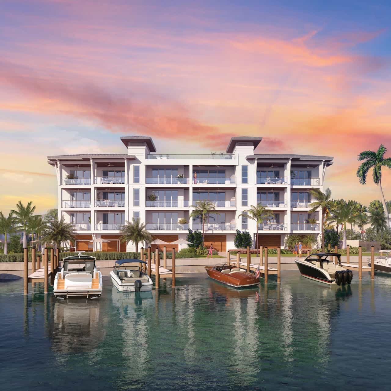 Twenty Twenty Gulfshore, wide view of private dock and marina along Moorings Bay (artist rendering)