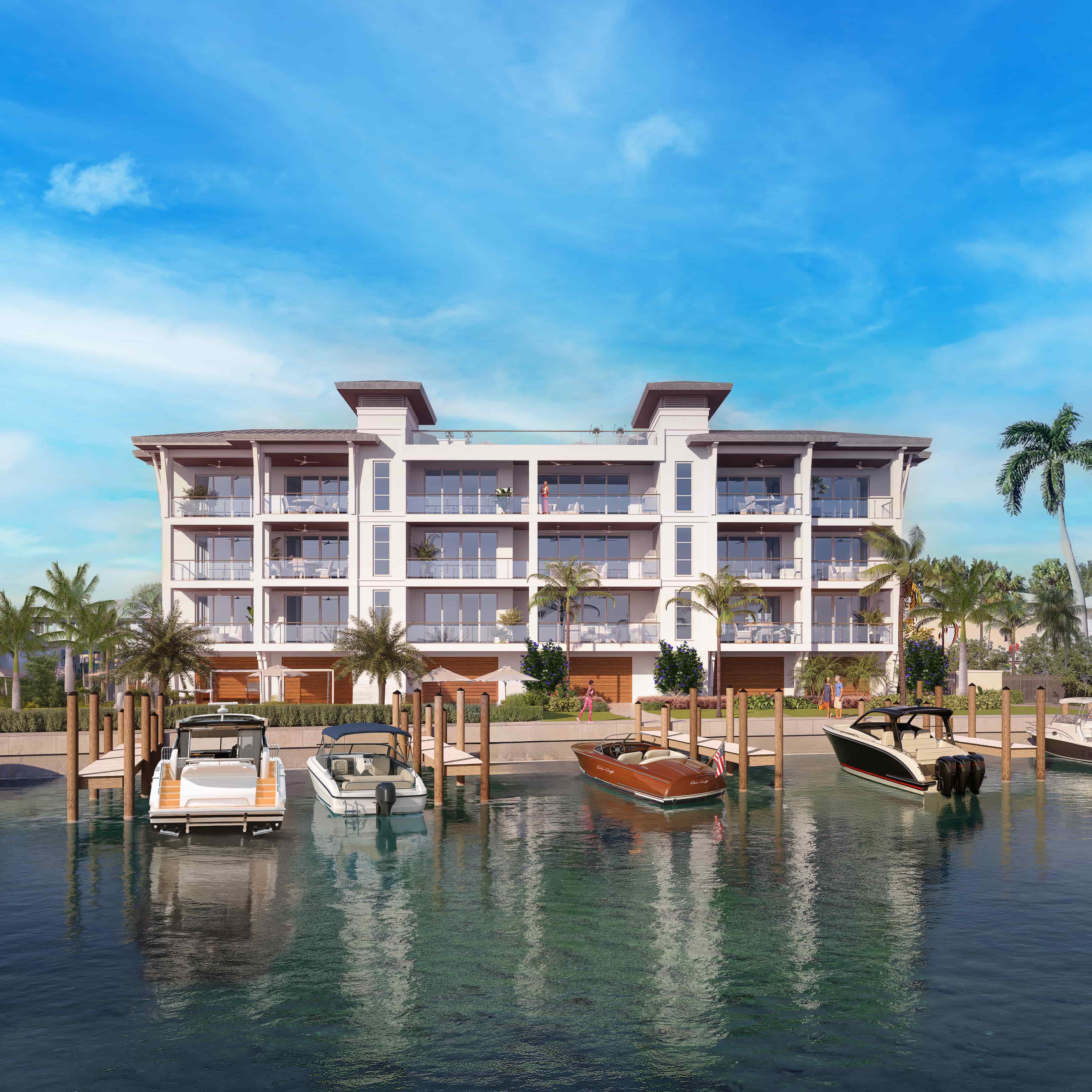 Twenty Twenty Gulfshore marina dock, view of the private slips and building from the water (artist rendering)