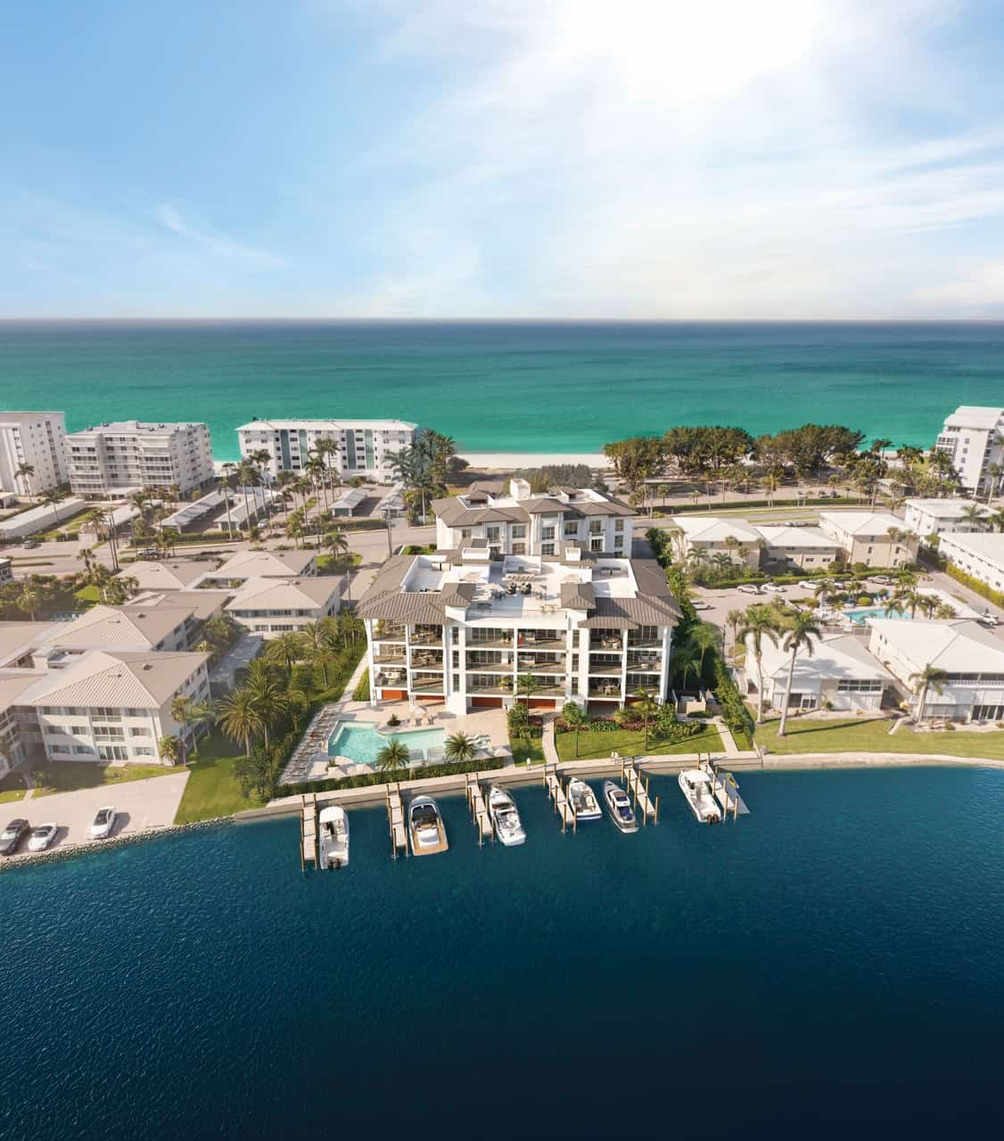 Twenty Twenty Gulfshore aerial view looking toward the amenity pool and Moorings Bay (artist rendering)