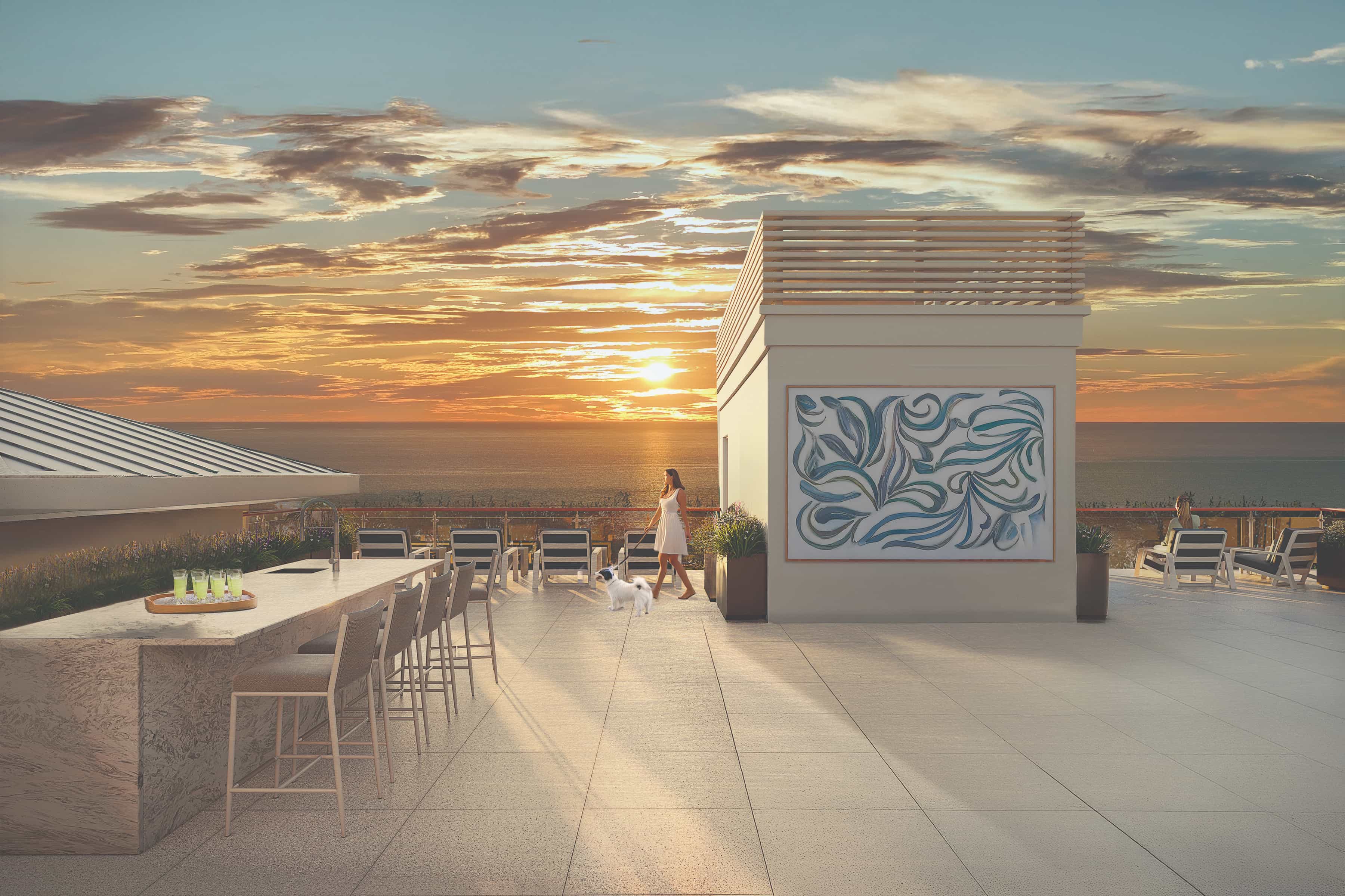Twenty Twenty Gulfshore rooftop amenity deck at sunset with panoramic water views (artist rendering)