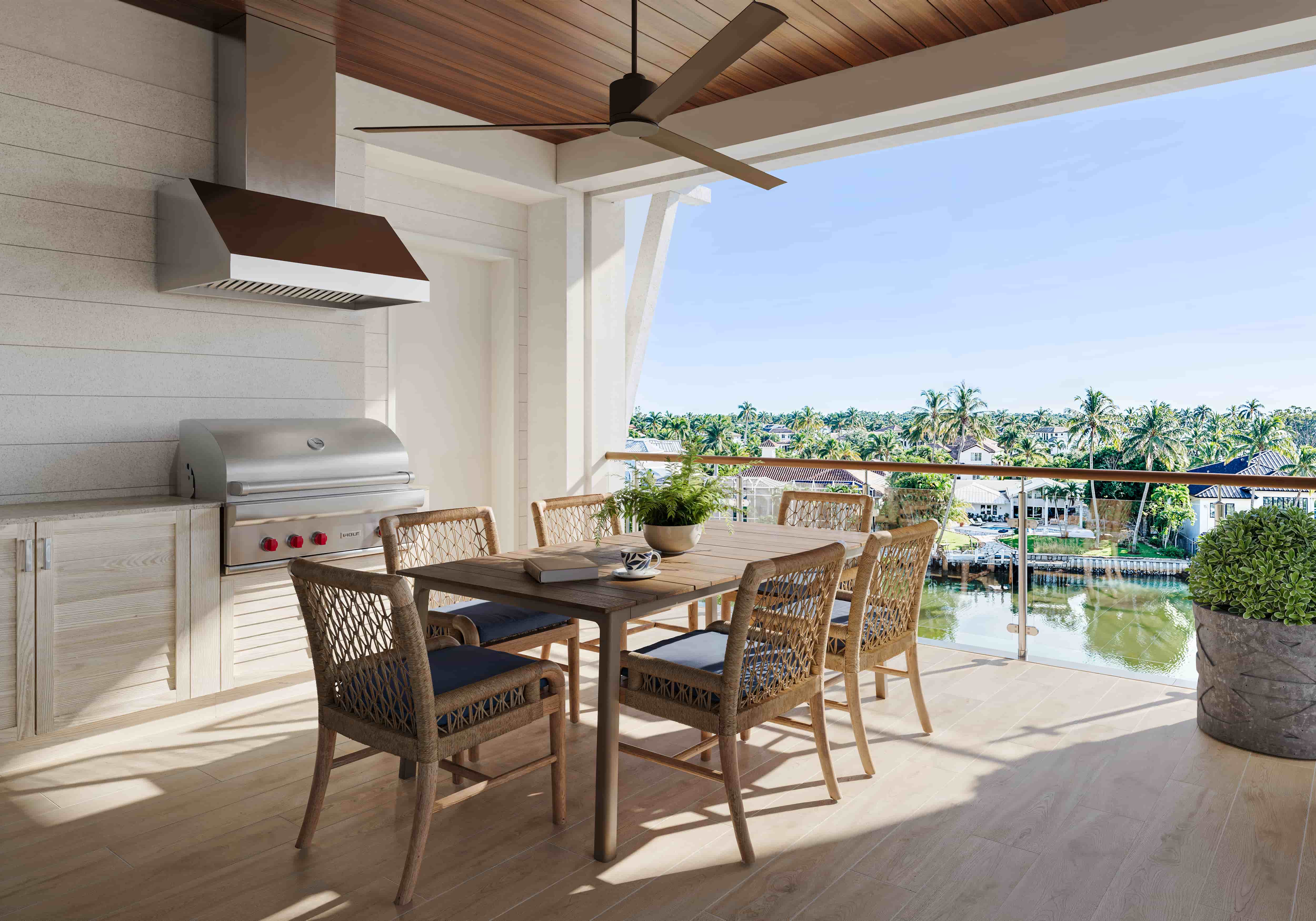 East Building Residence 201, primary suite terrace with serene bay and marina views (artist rendering)