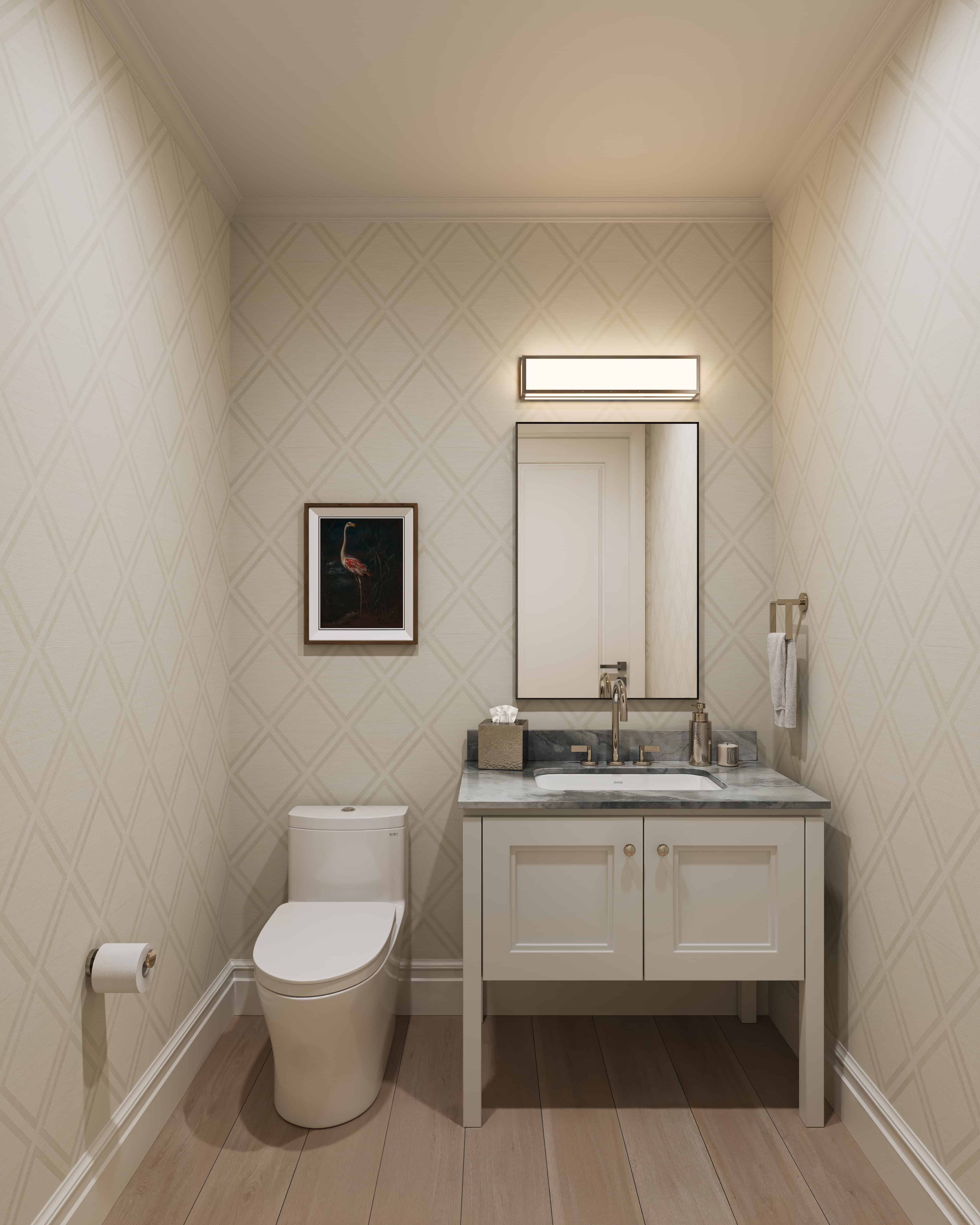 West Building Residence 202, powder room with statement finishes and curated design details (artist rendering)
