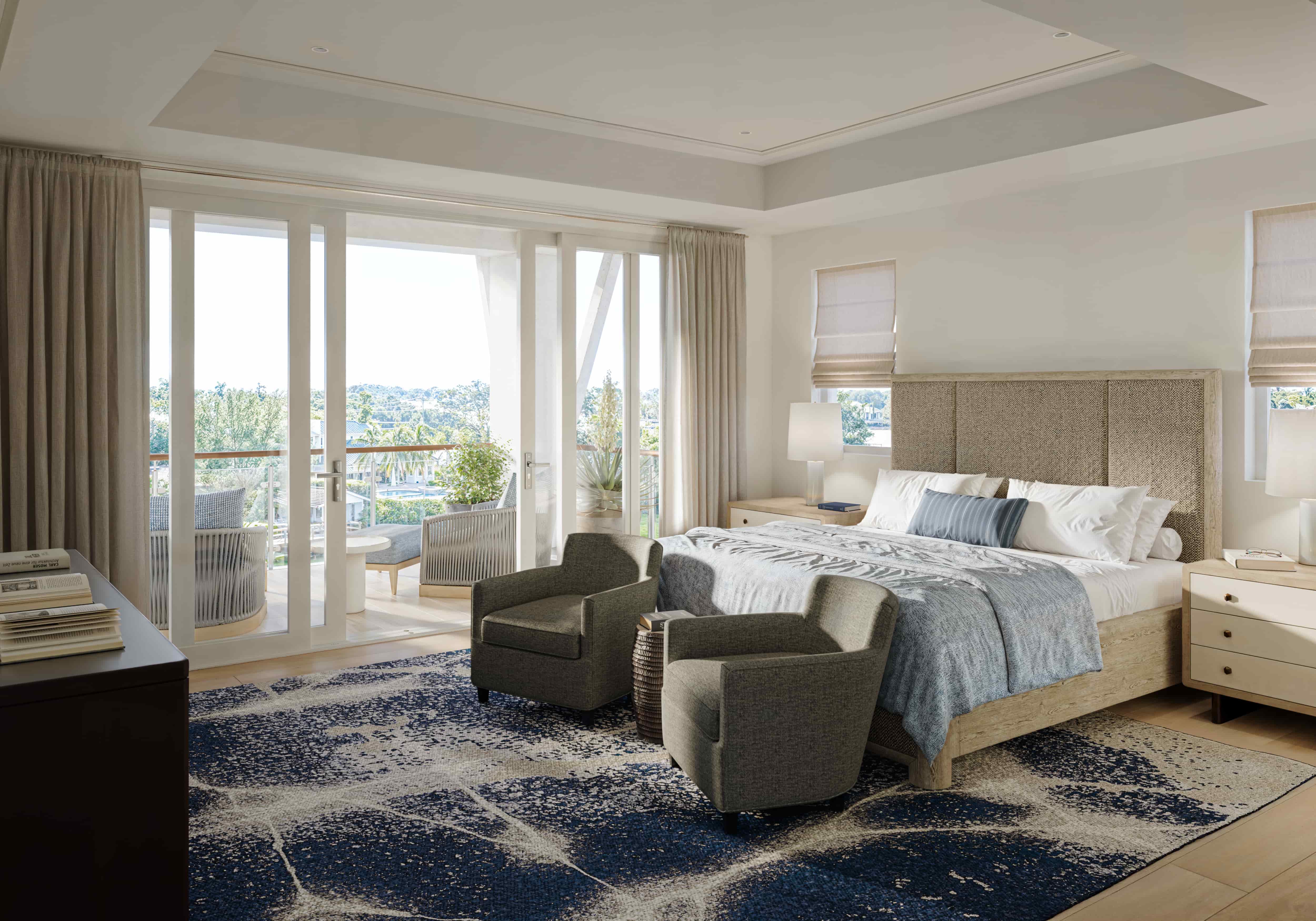 East Building Residence 201, primary bedroom with curated Soucie Horner finishes (artist rendering)