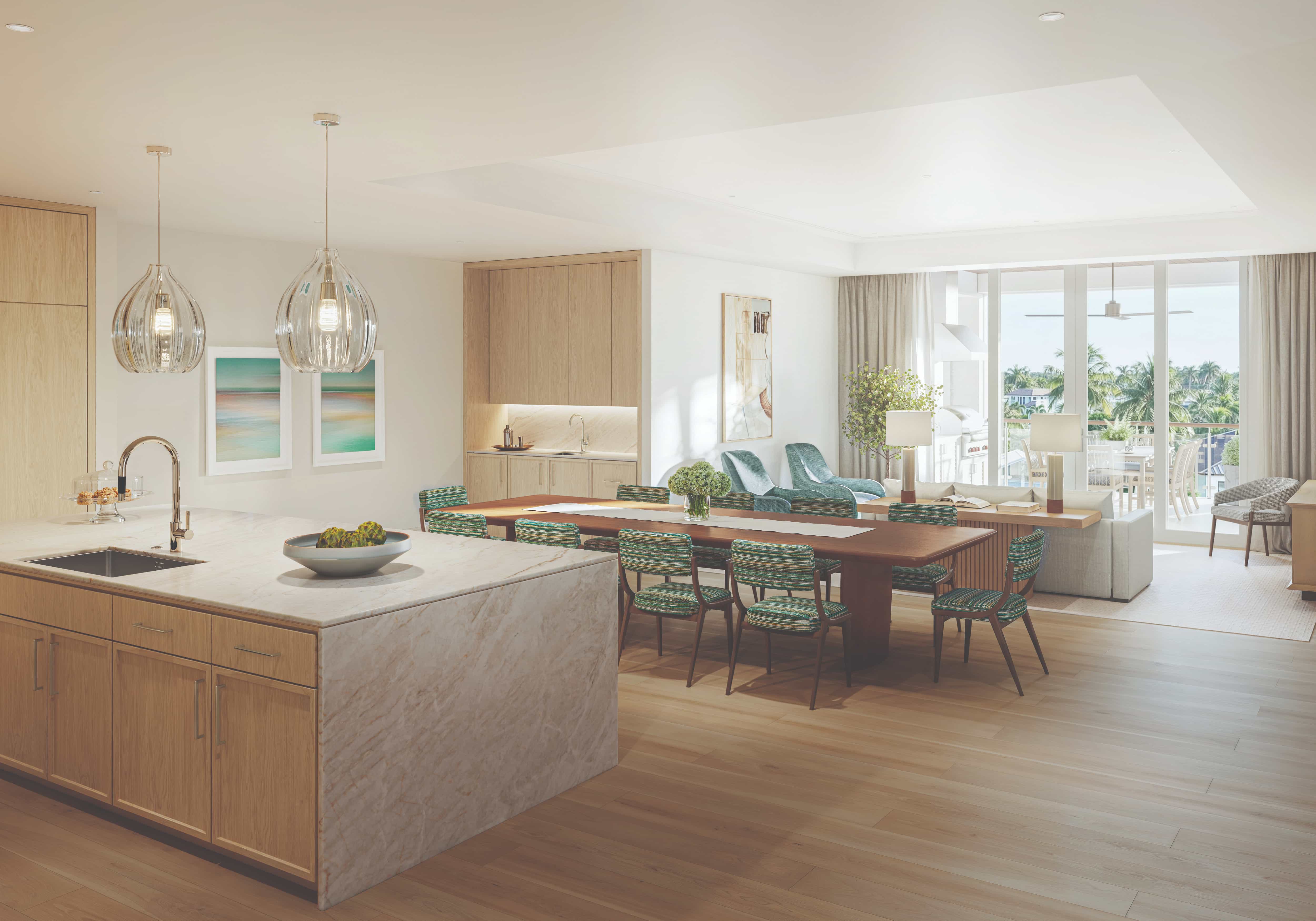 East Building Residence 201, open-concept living room with floor-to-ceiling windows and designer finishes (artist rendering)
