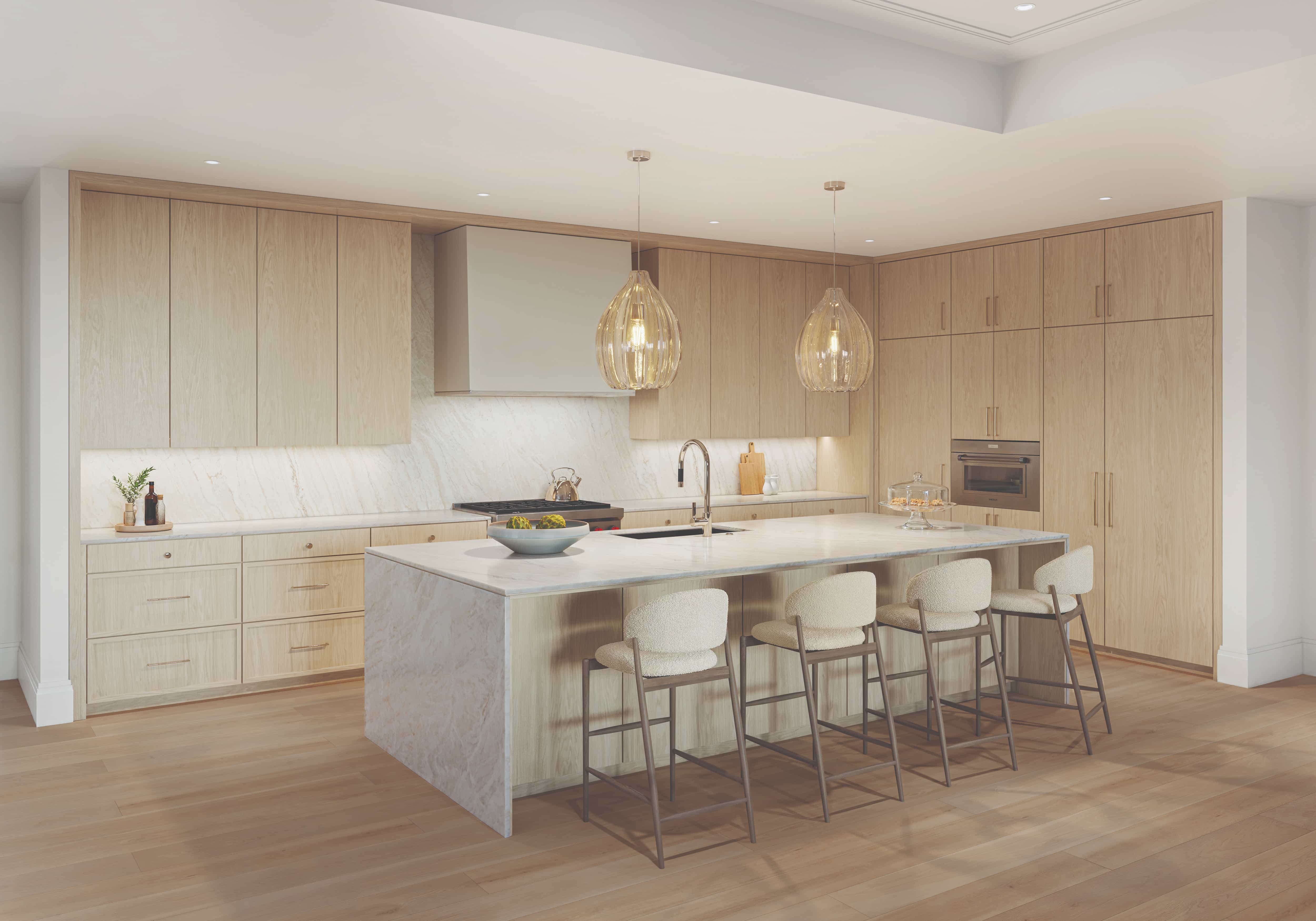 East Building Residence 201, chef's kitchen with designer stone finishes and open-concept layout (artist rendering)