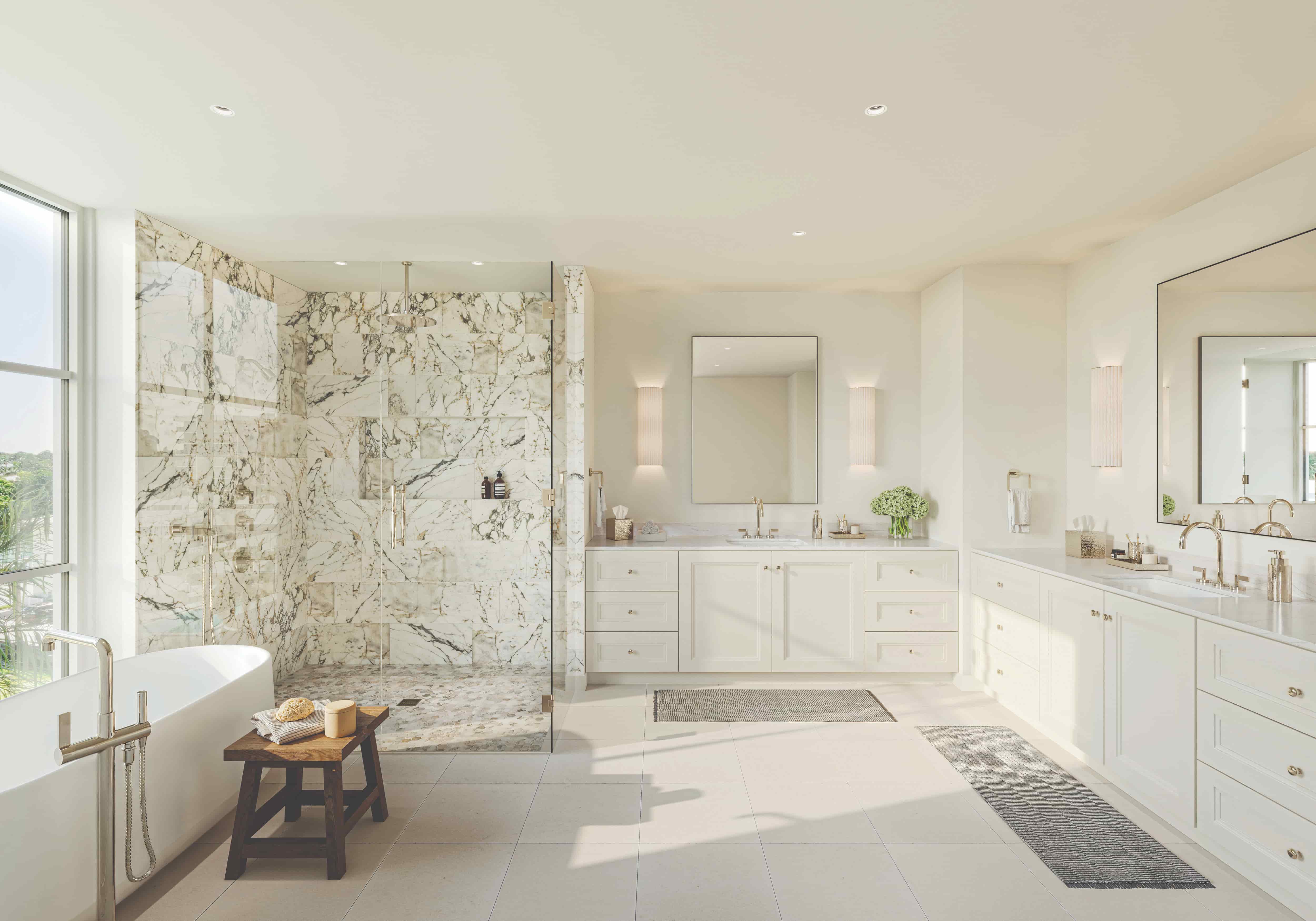 West Building Residence 202, primary bathroom with honed marble and designer fixtures (artist rendering)