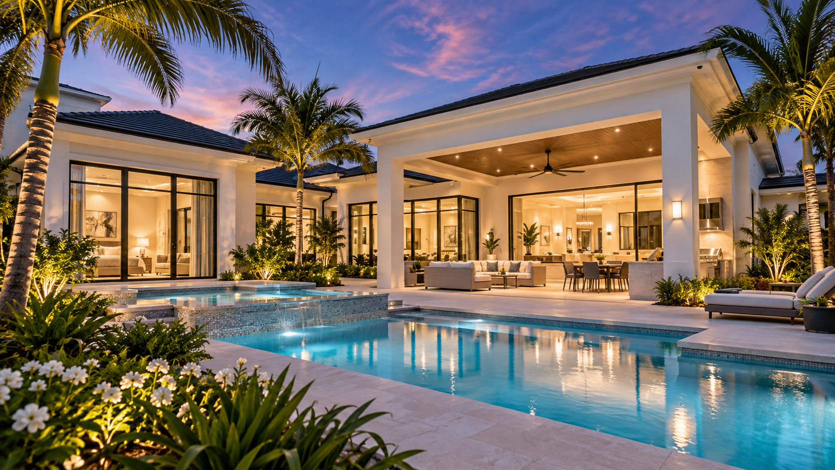 Illustrative contemporary luxury Florida-style home with illuminated pool and outdoor living area at twilight