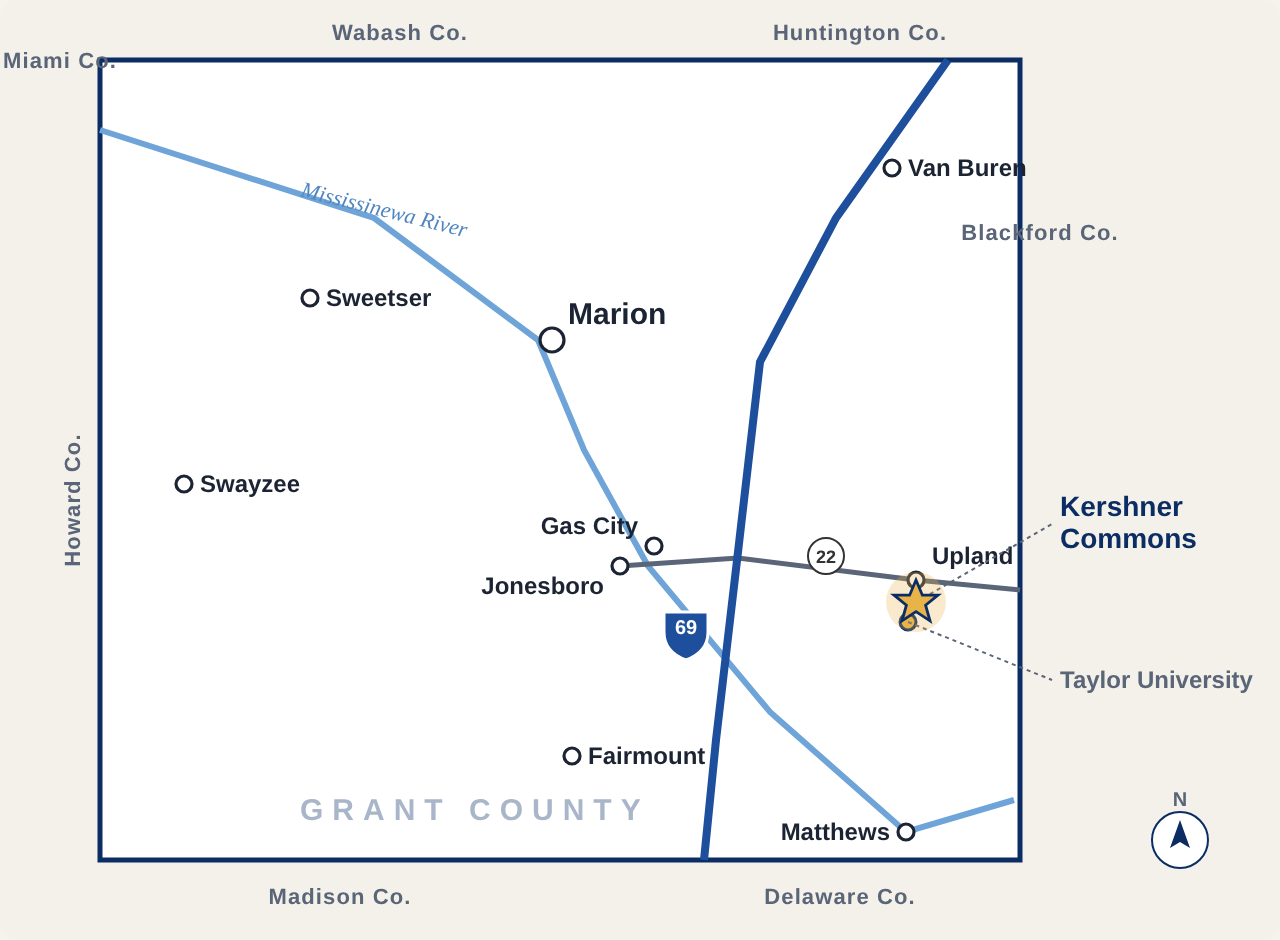 Map of Grant County, Indiana showing Kershner Commons in Upland