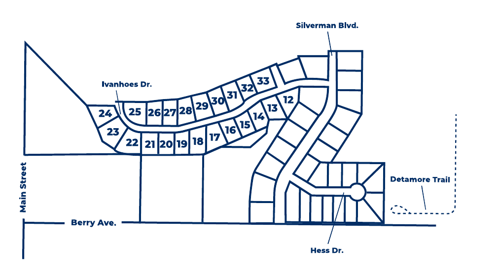 Kershner Commons lot map showing Lots 12&ndash;33 along Ivanhoes Dr., off Main Street and Berry Ave.